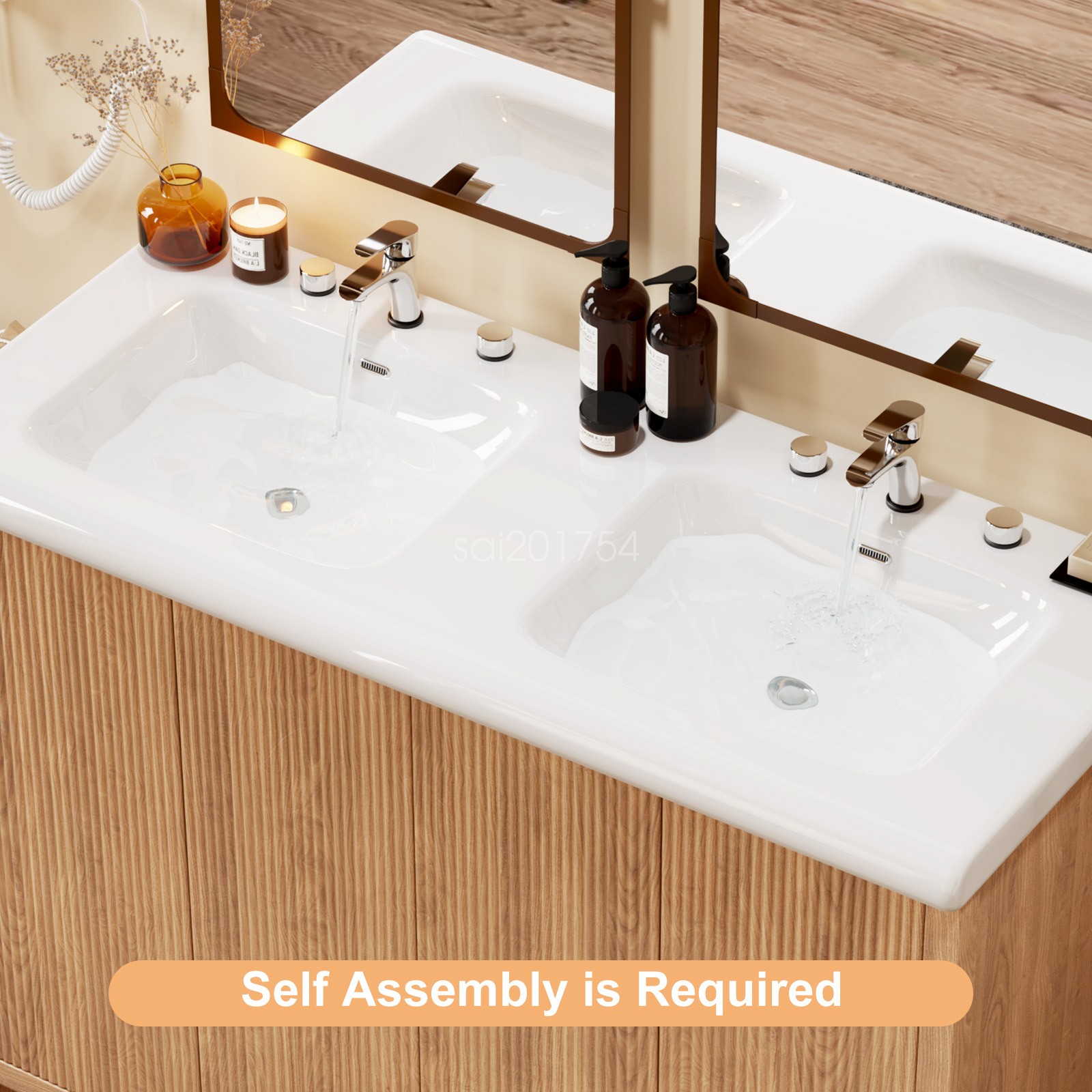 47.3″ Double Sink Bathroom Vanity Wood Grain Modern 2 Basin Storage Cabinet