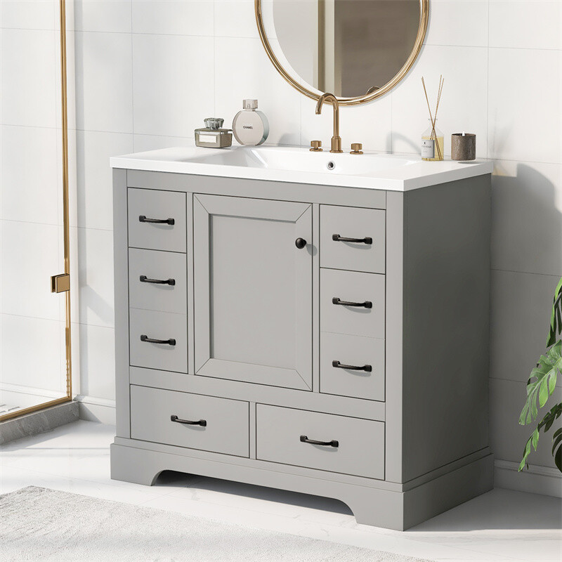 36 Inch Modern Bathroom Vanity with Sink Combo,Six Drawers,Adjustable Shelf,Grey