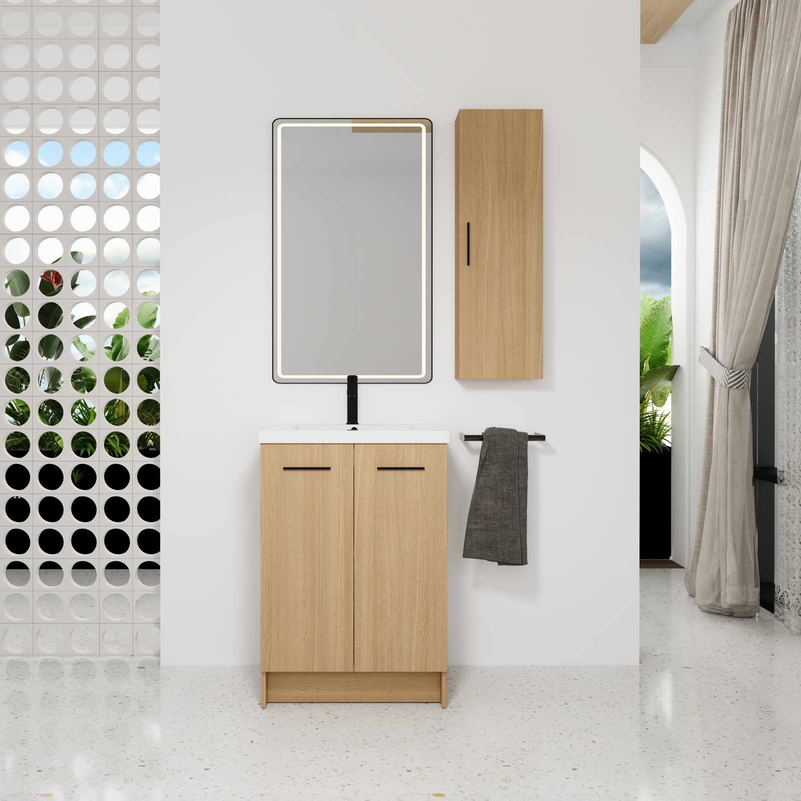 24″ Freestanding Bathroom Vanity Set with Tall Linen Cabinet, Light Oak