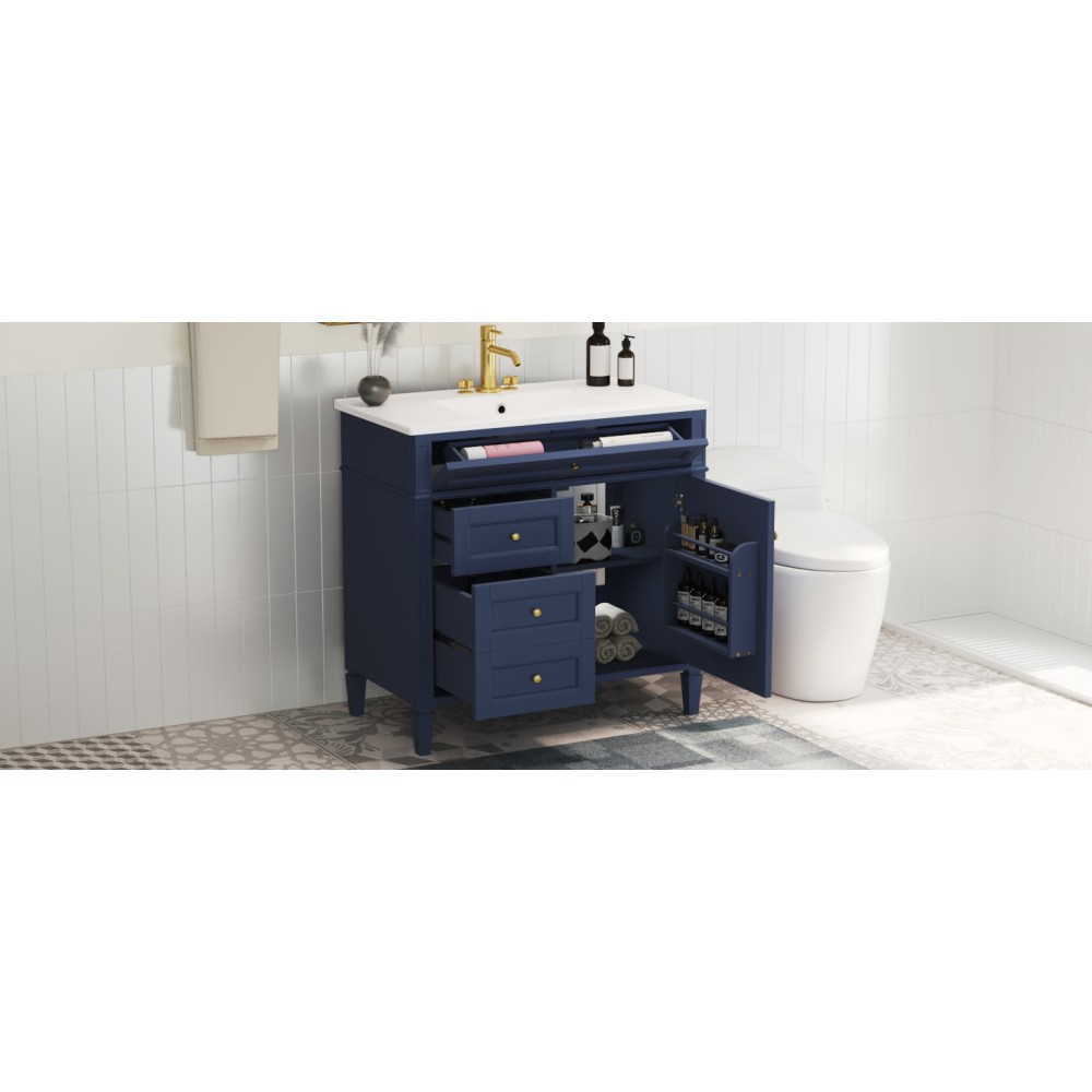 36 Inch Single Sink Bathroom Vanity Gloss Ceramic Top Storage Drawers
