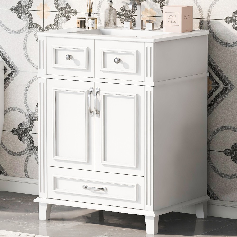 24″ Bathroom Vanity w/ Ceramic Sink, Solid Wood Frame, Soft Close Doors, White