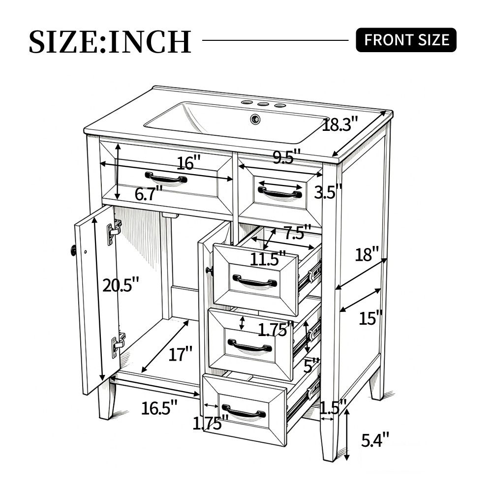 30″ White Bathroom Vanity with Ceramic Sink Freestanding Vanity with Black Metal