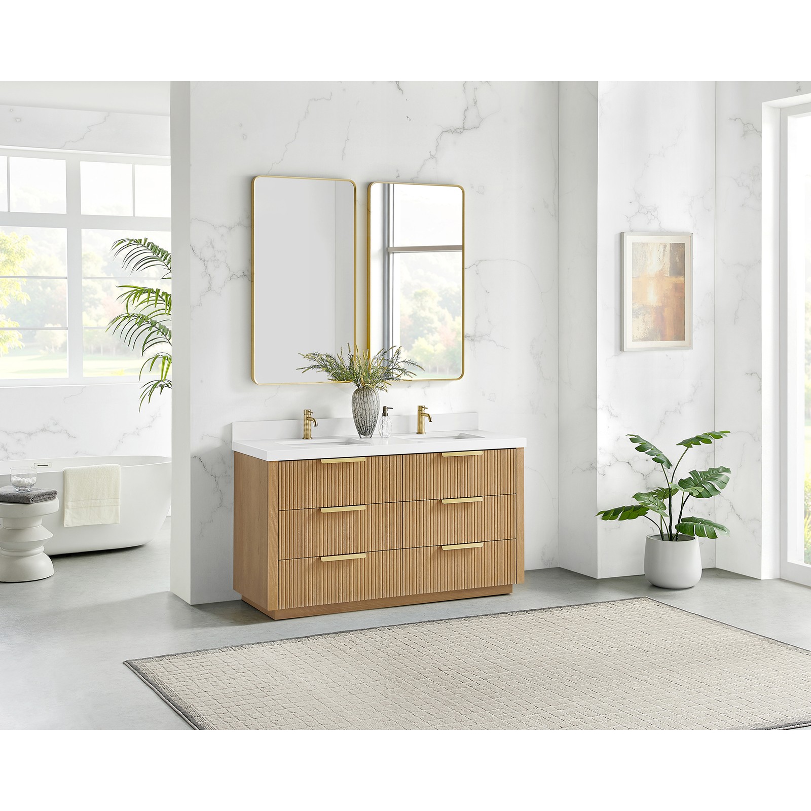 Santarem 60″ Double Bath Vanity in Washed Ash Grey with White Quartz Stone Top