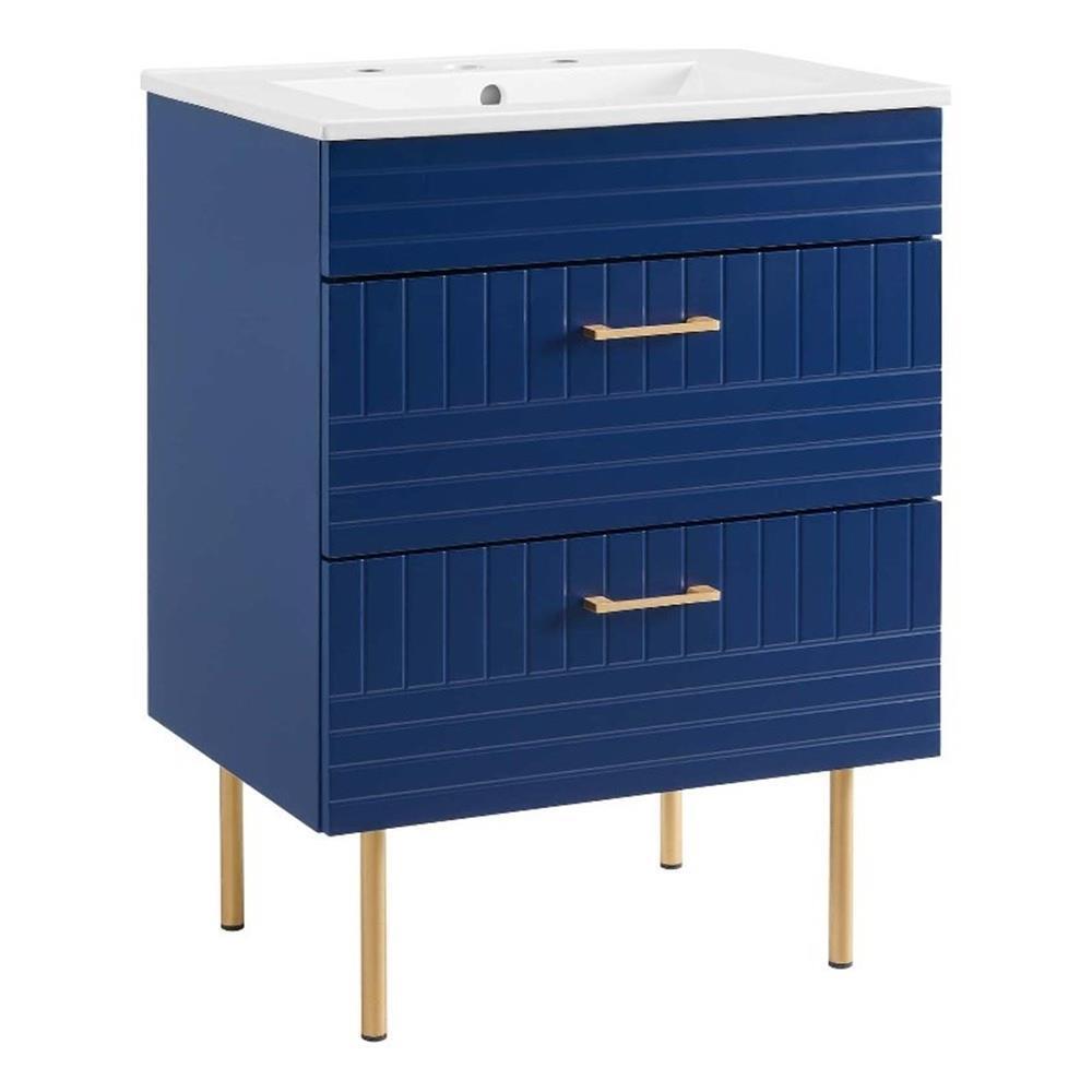 Modway Daybreak 24″ Modern Wood/Ceramic Bathroom Vanity with Gold Legs in Blue