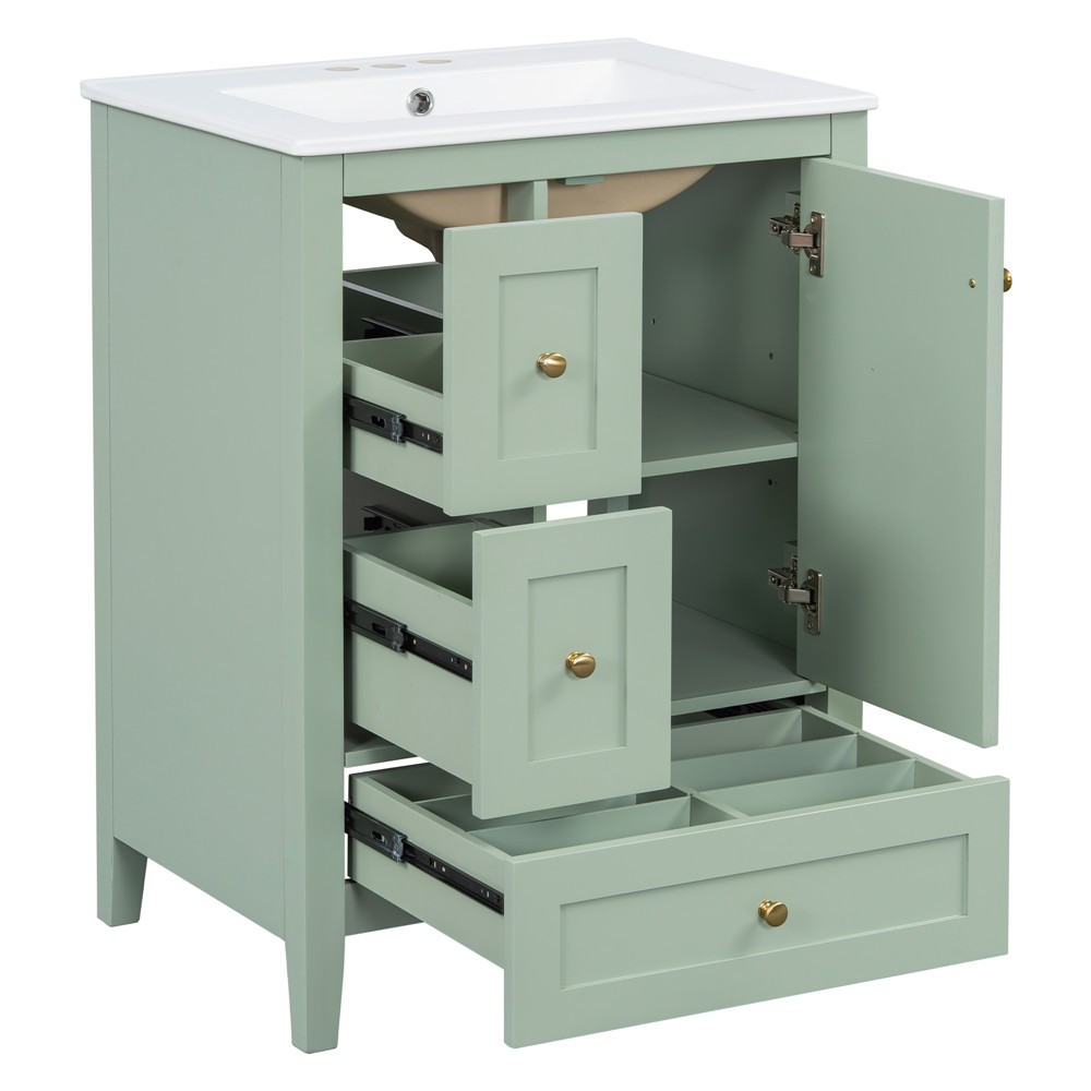 24″ Bathroom Vanity w/Ceramic Sink, Freestanding Vanity Cabinet, 3 Drawers, Door