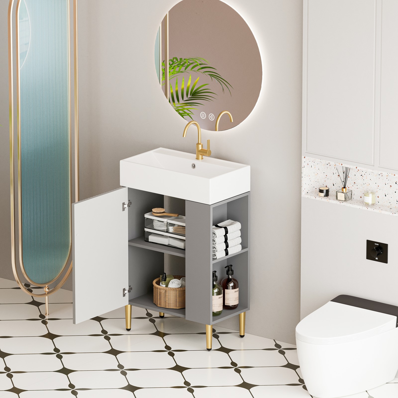 21.6″ Open-Shelving Vanity with Ceramic Sink and Soft-Close Door Grey