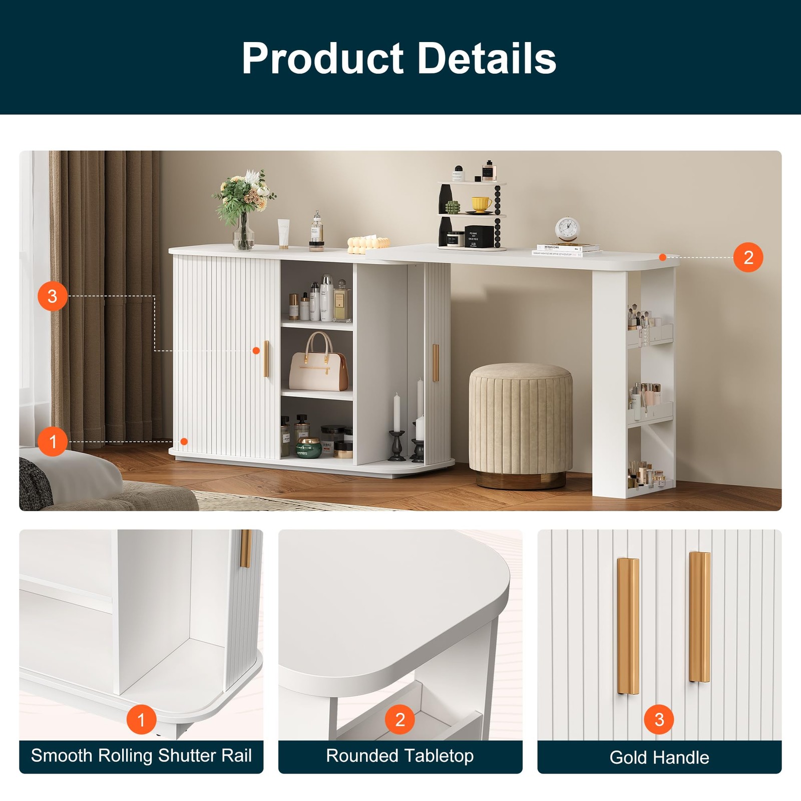68″ Extendable L-Shaped Corner Makeup Vanity Desk Sliding Door White Fluted