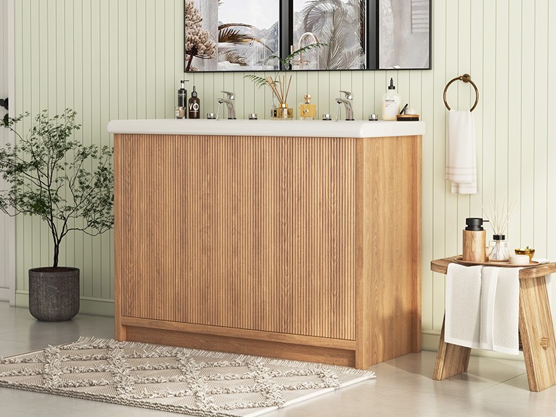 47.3″ Double Sink Bathroom Vanity Wood Grain Modern 2 Basin Storage Cabinet
