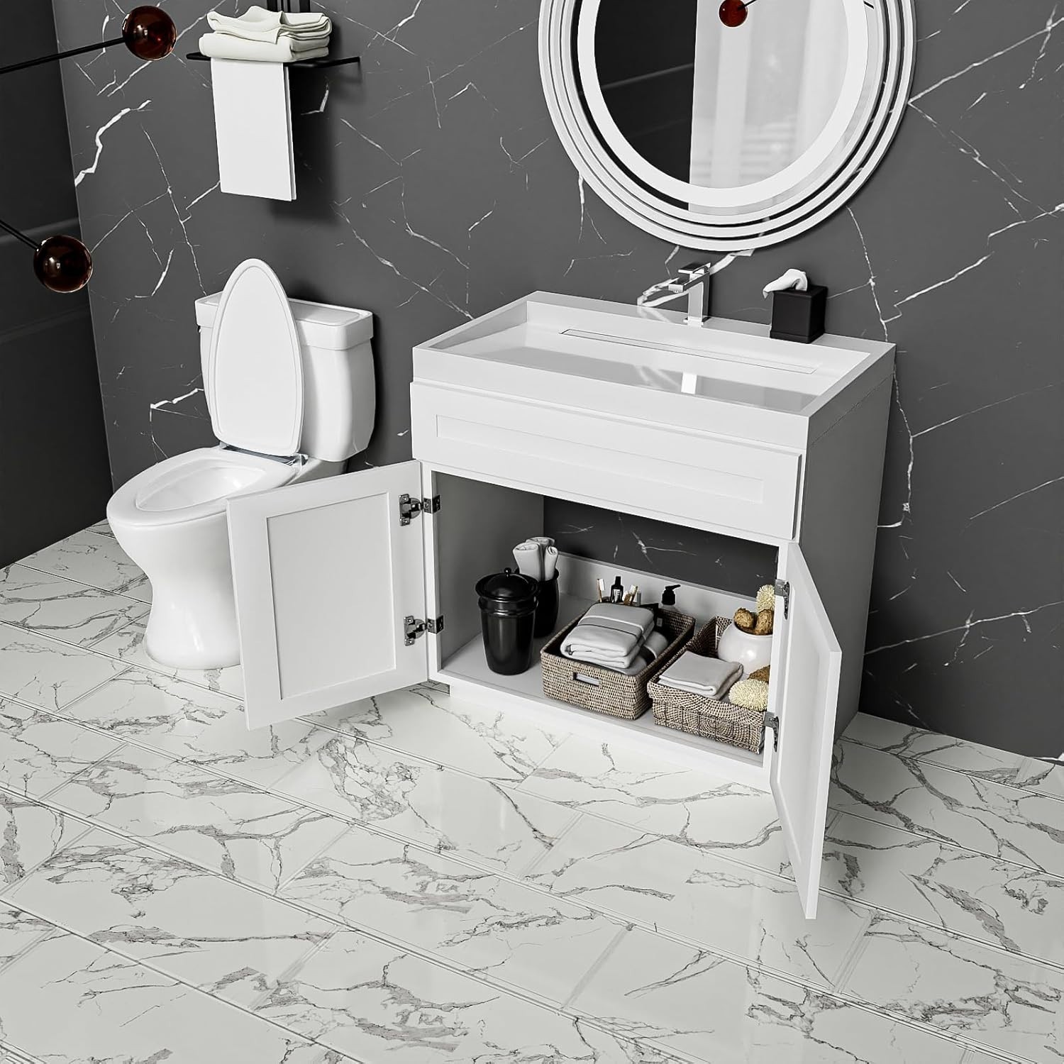 36 Inch Unassembled Bathroom Vanity Cabinet, White, Sink & Handles Not Included