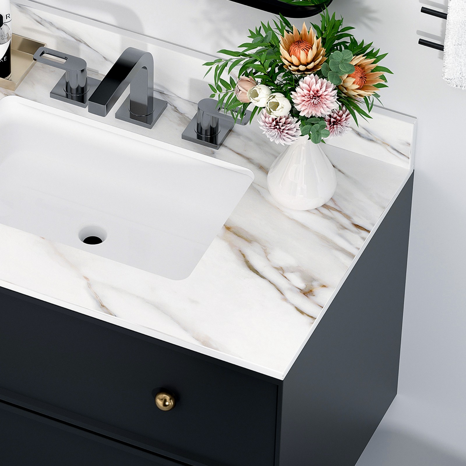37″ Marble Vanity Top with Undermount Sink & Backsplash Carrara White