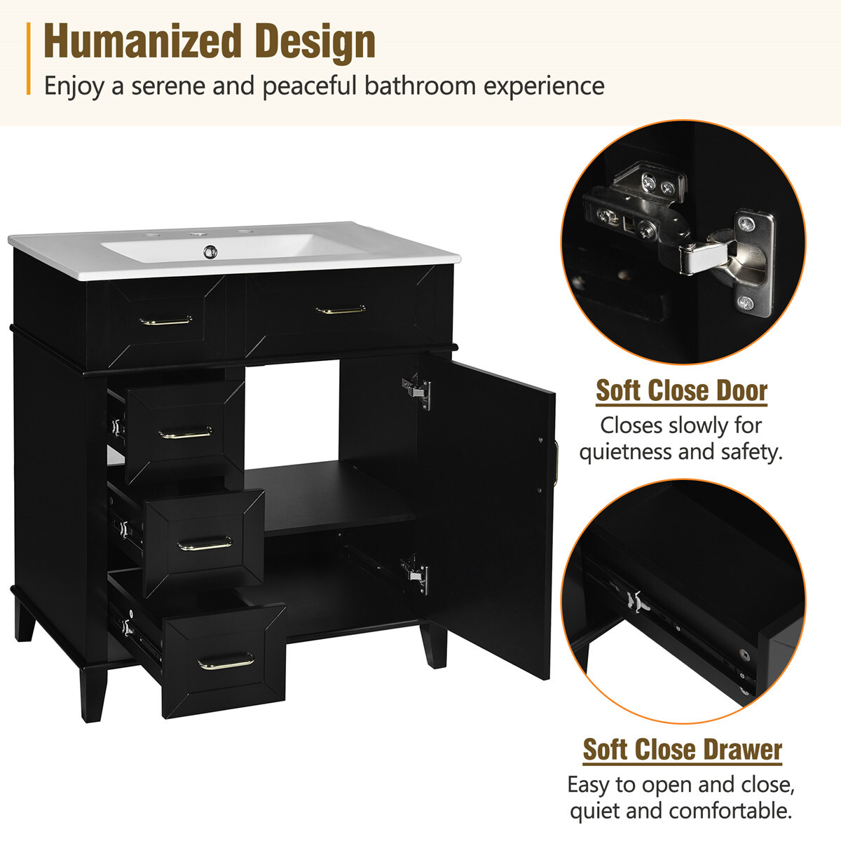 30″ Bathroom Vanity w/Sink, 3 Drawers, Freestanding Vanity Cabinet, Adjust Shelf