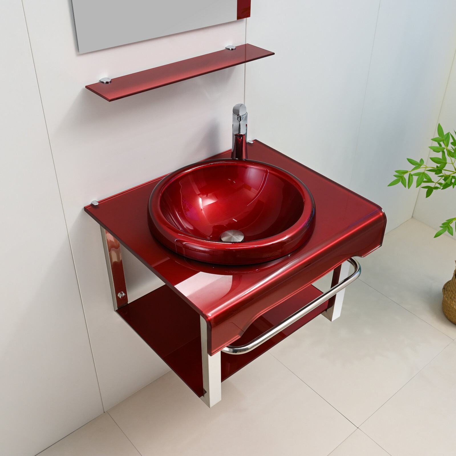 24″ Wide Modern Tempered Glass & Stainless-Steel Set include mirror and shelve