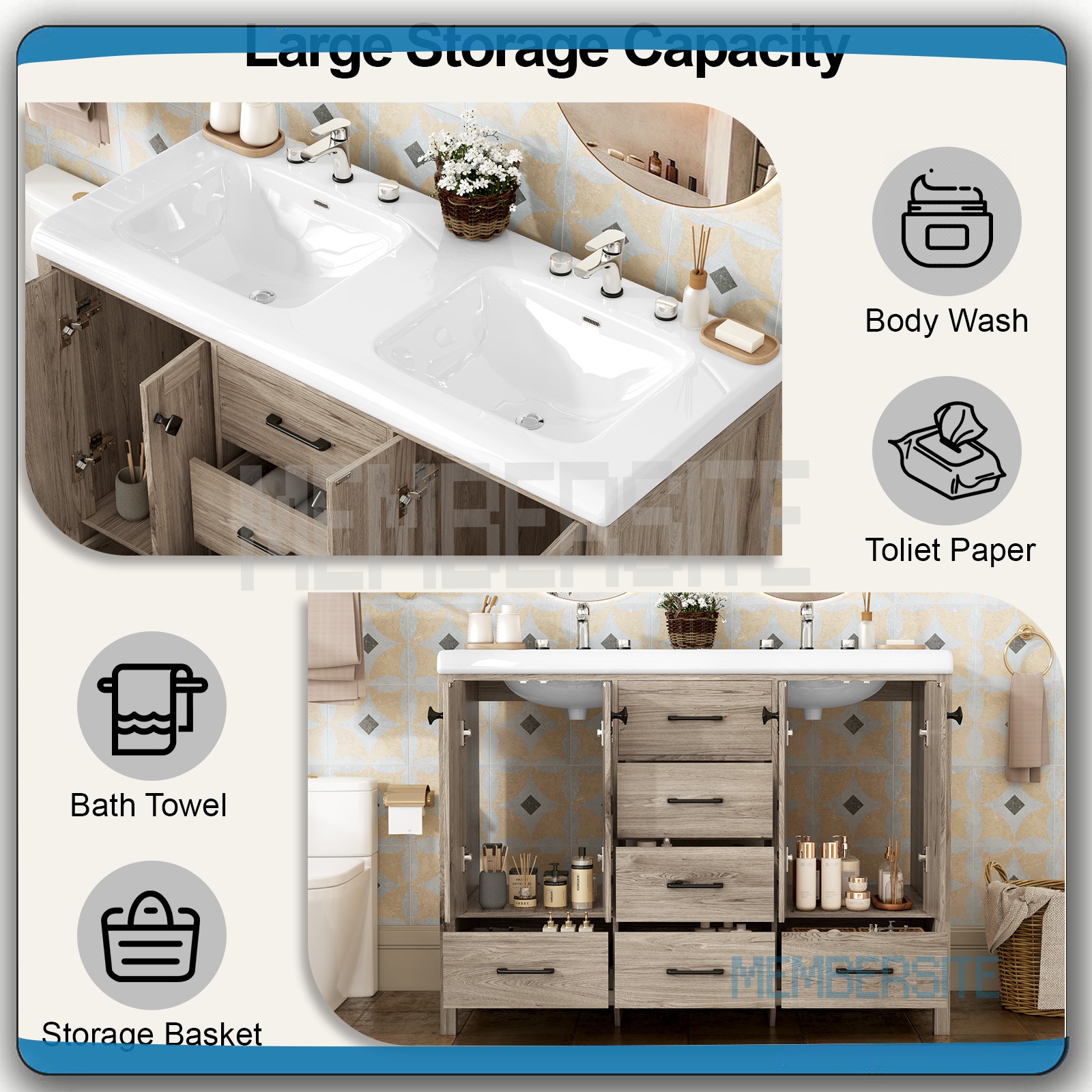 Bathroom Vanity 47.3″ Vanity Top w/Double Sink Ceramic & Drawers Freestanding