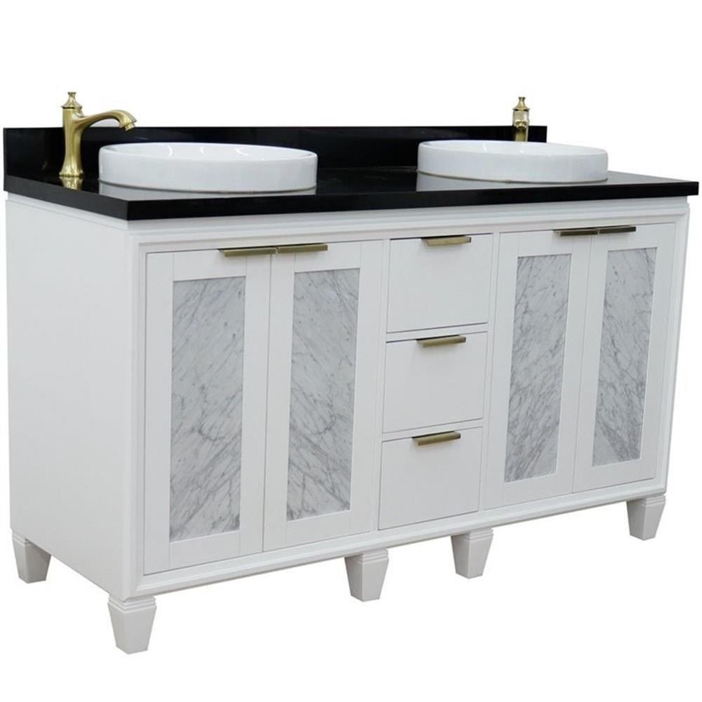 Pemberly Row 61″ Double Round Sink Solid Wood Vanity in White/Black Galaxy
