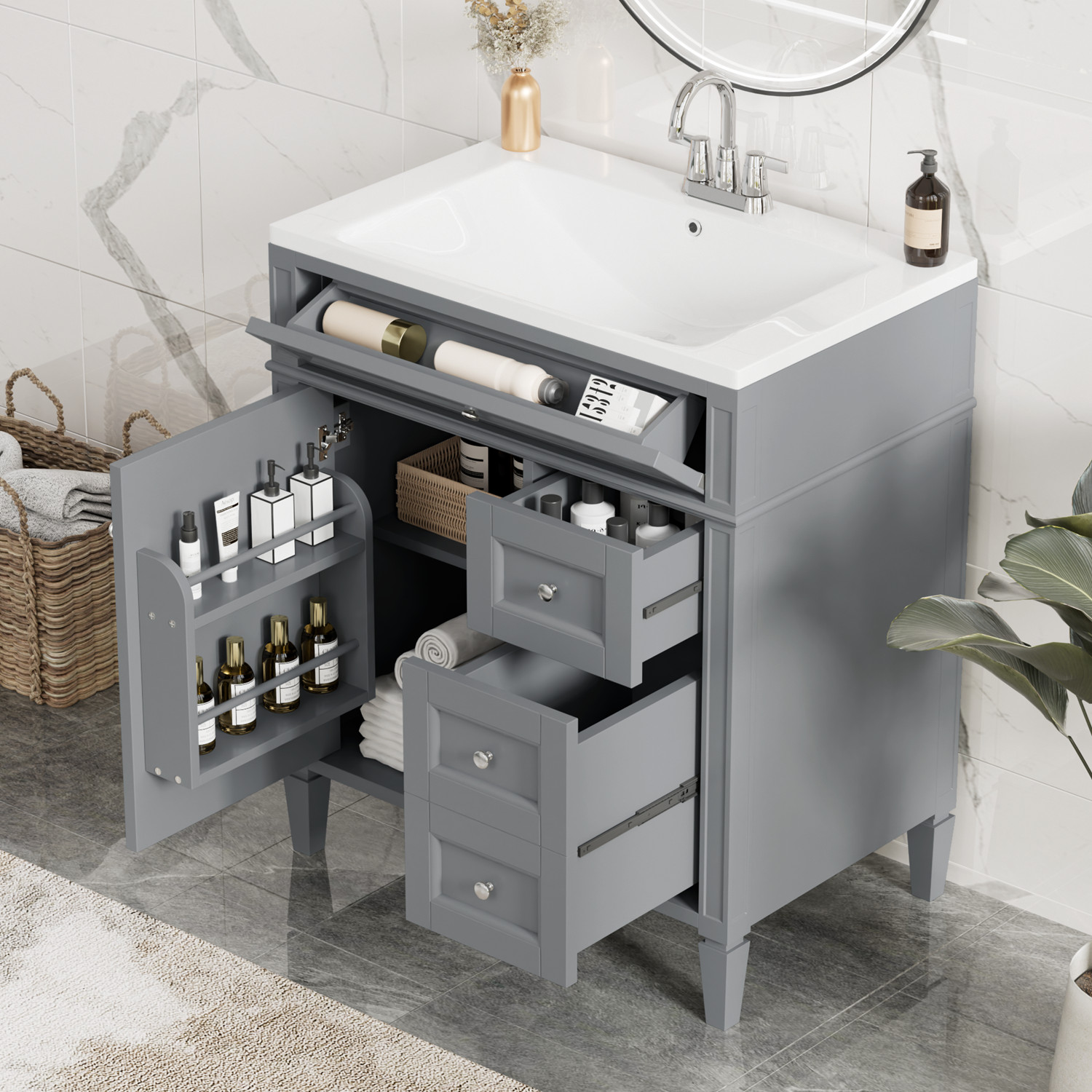 30″ Bathroom Vanity w/Sink, 3 Drawers, Freestanding Bath Vanity Storage Cabinet