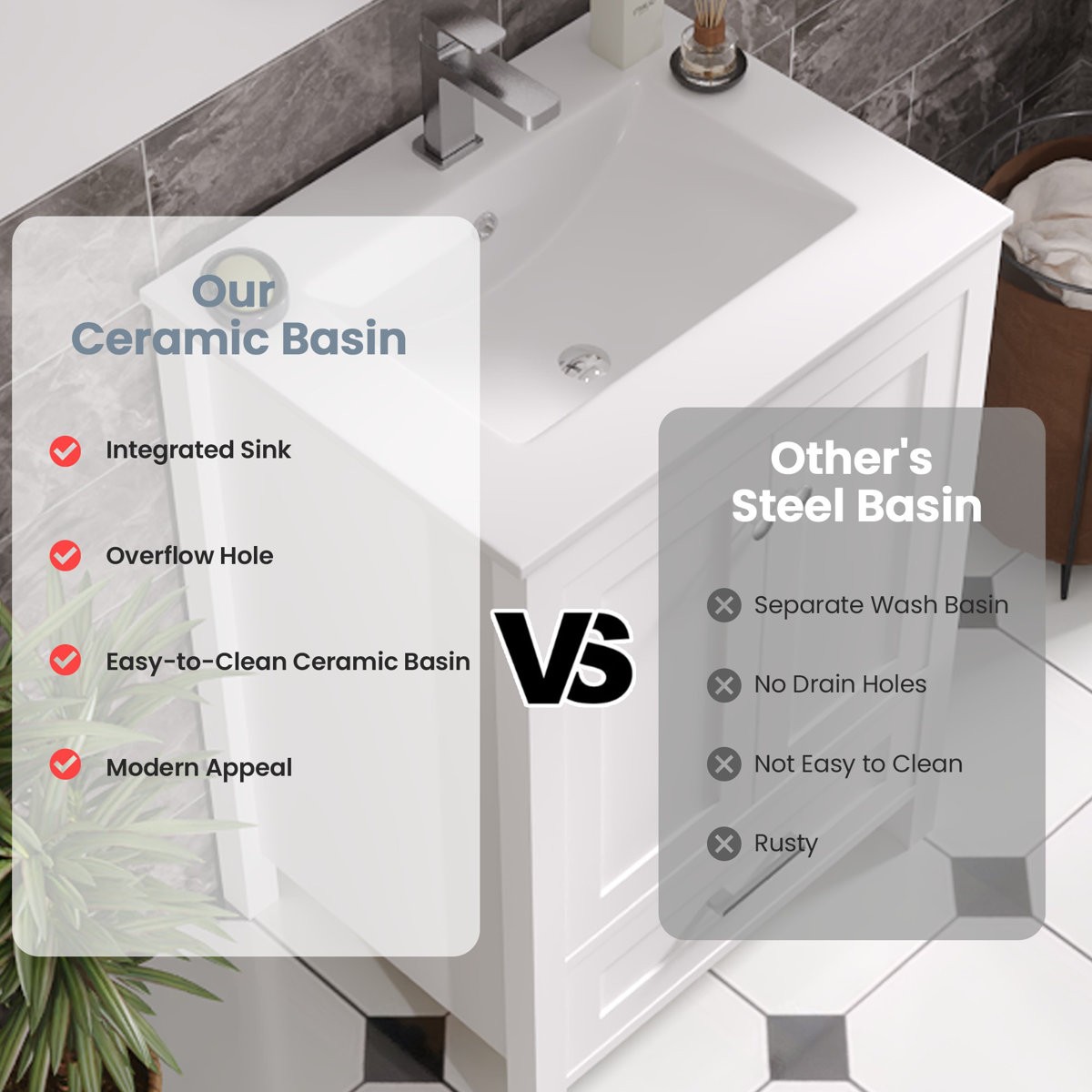 24″ Single Bathroom Vanity with Sink Ceramic Top Modern White Cabinet Drawers
