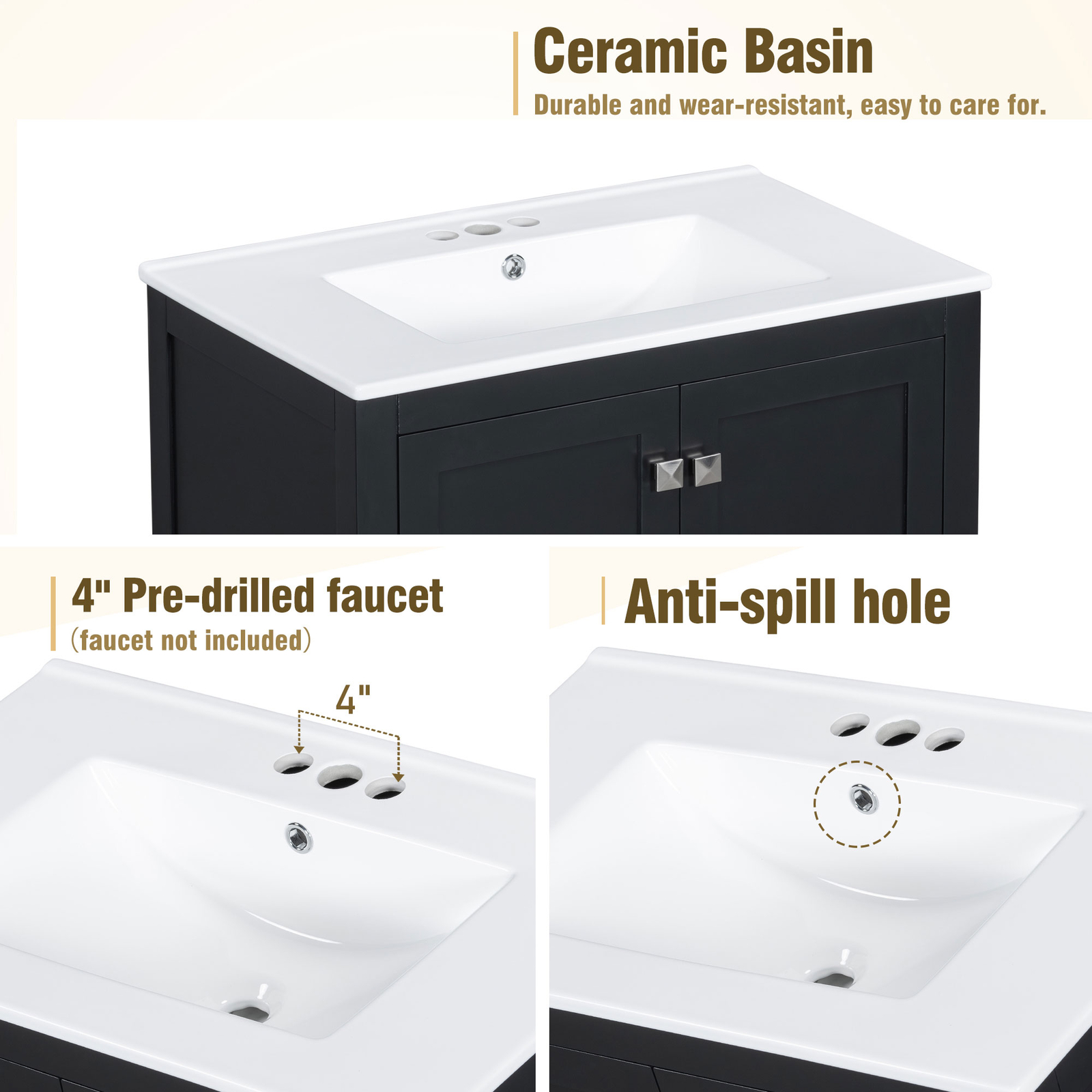 30″ Bathroom Vanity w/White Resin Basin Sink Top with 2 Doors and Big Drawer