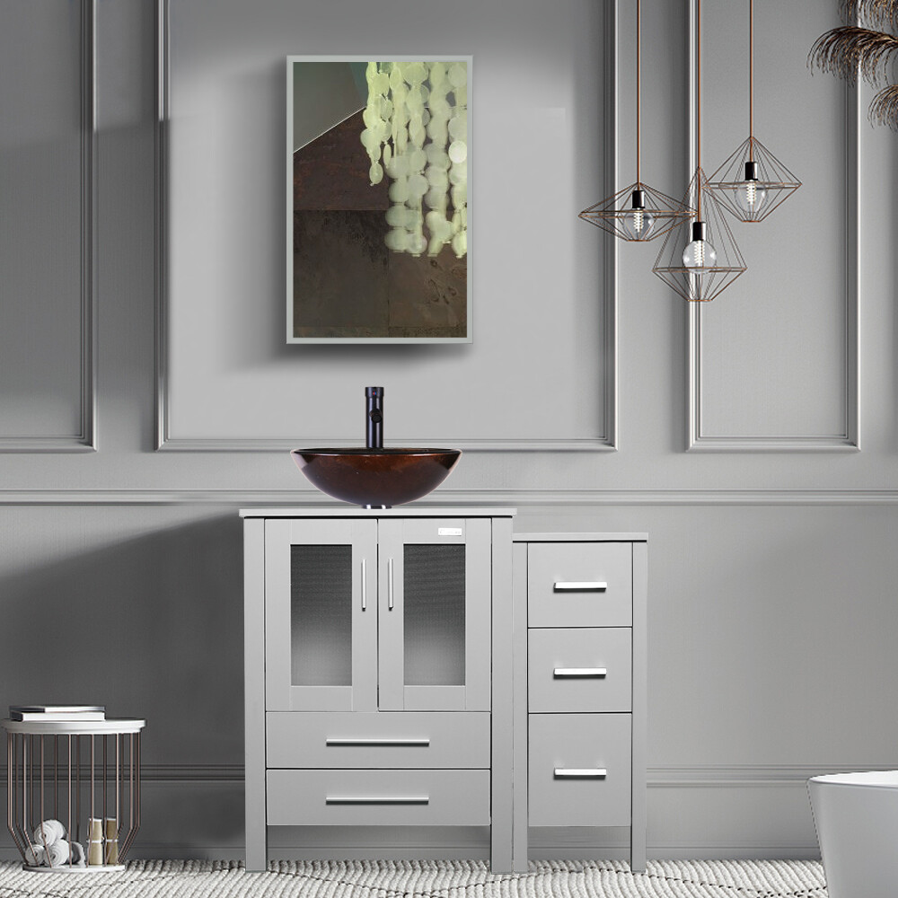 36″ Bathroom Vanity W/Glass Vessel Sink Set Faucet Mirror Cabinet Gray Combo