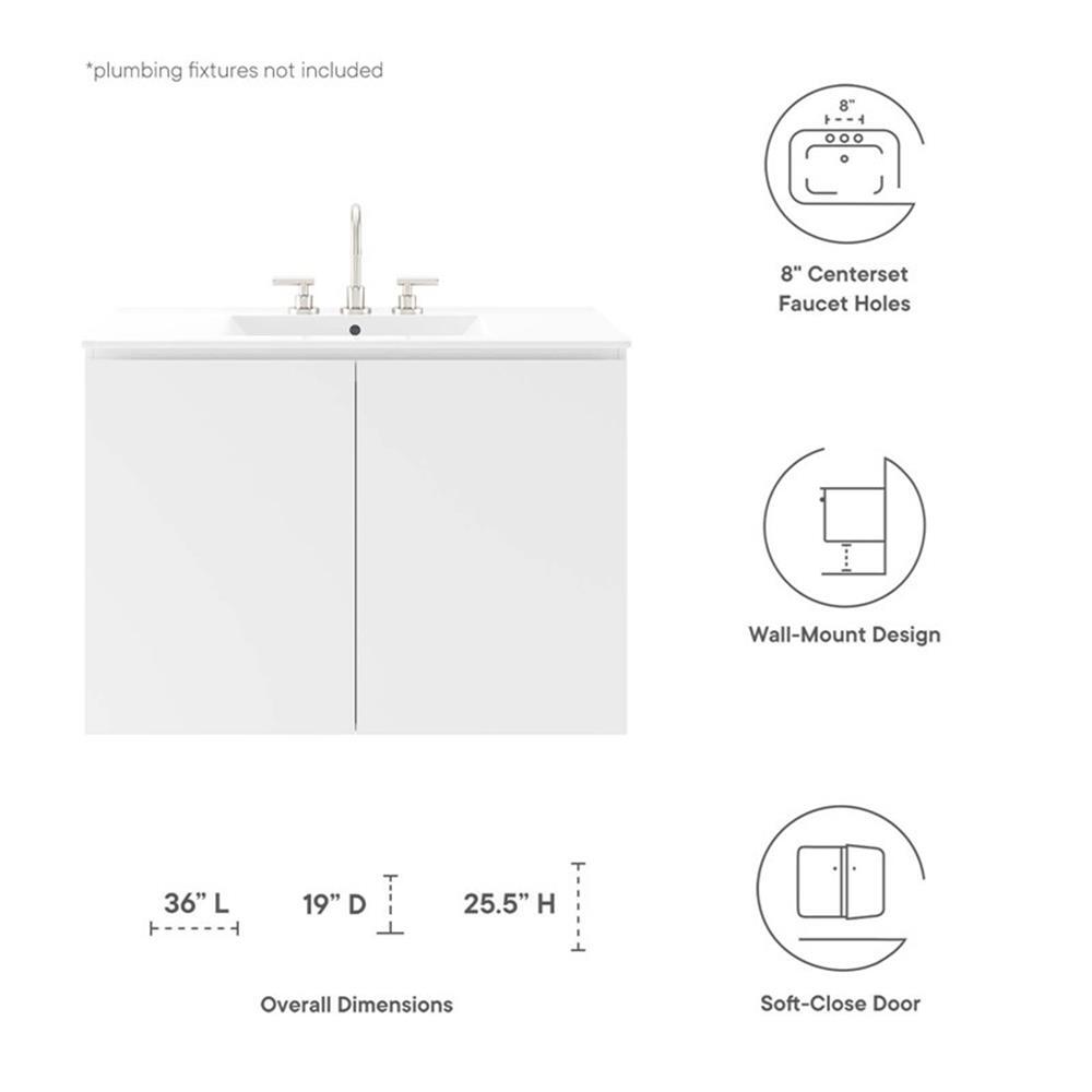 Modway Bryn 36″ Modern Wood/Ceramic Wall-Mount Bathroom Vanity in White