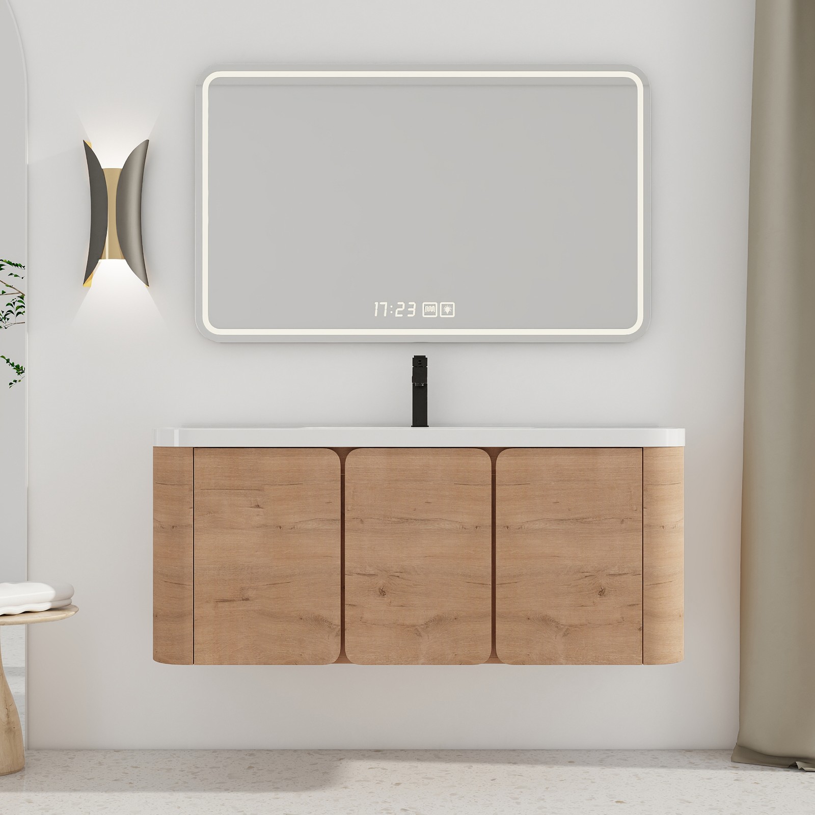 48″ Plywood Floating Wall-Mounted Bathroom Vanity Resin Sink 3 Soft-Close Doors