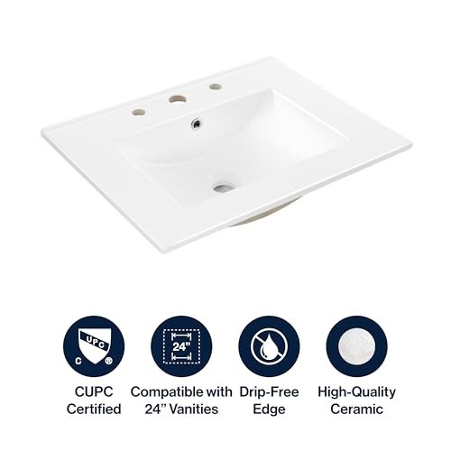Classic Contemporary 24″ Rectangular Ceramic Sink Basin Vanity Top – 3-Hole, Whi