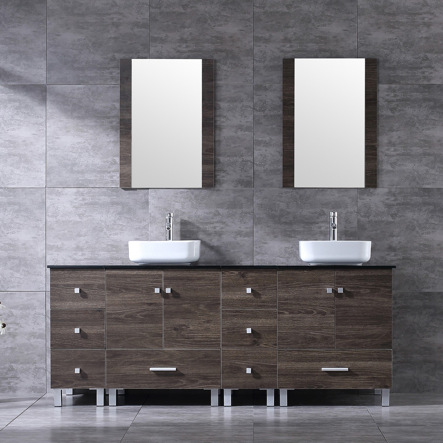 72 inch Double Sink Bathroom Vanity Cabinet Ceramic Vessel Sink w/Mirror Faucet