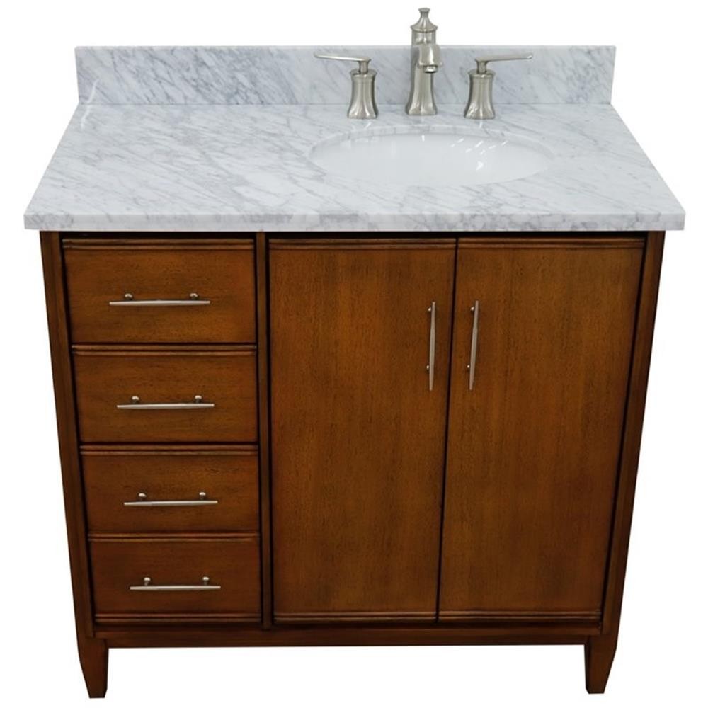 MCM Solid Wood Single Vanity with Right Oval Sink in Walnut/White Carrara