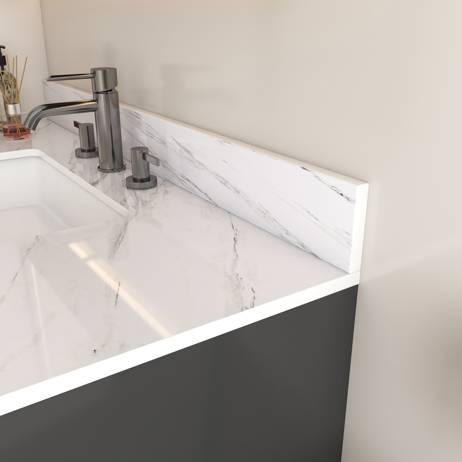 43″ White Marble Vanity Top w/ Undermount Sink, 1 Holes, 4″ Backsplash