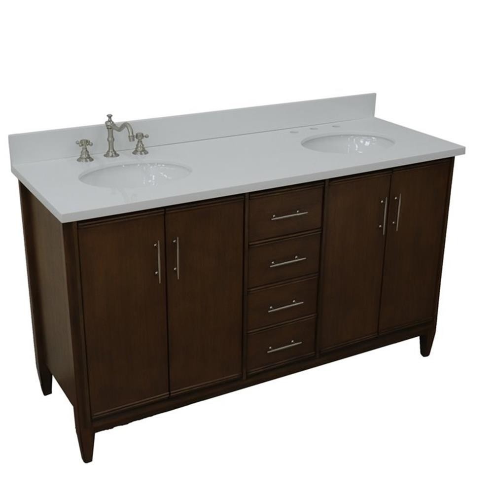 Pemberly Row 61″ Double Oval Sink Solid Wood Vanity in Walnut/White Quartz Stone
