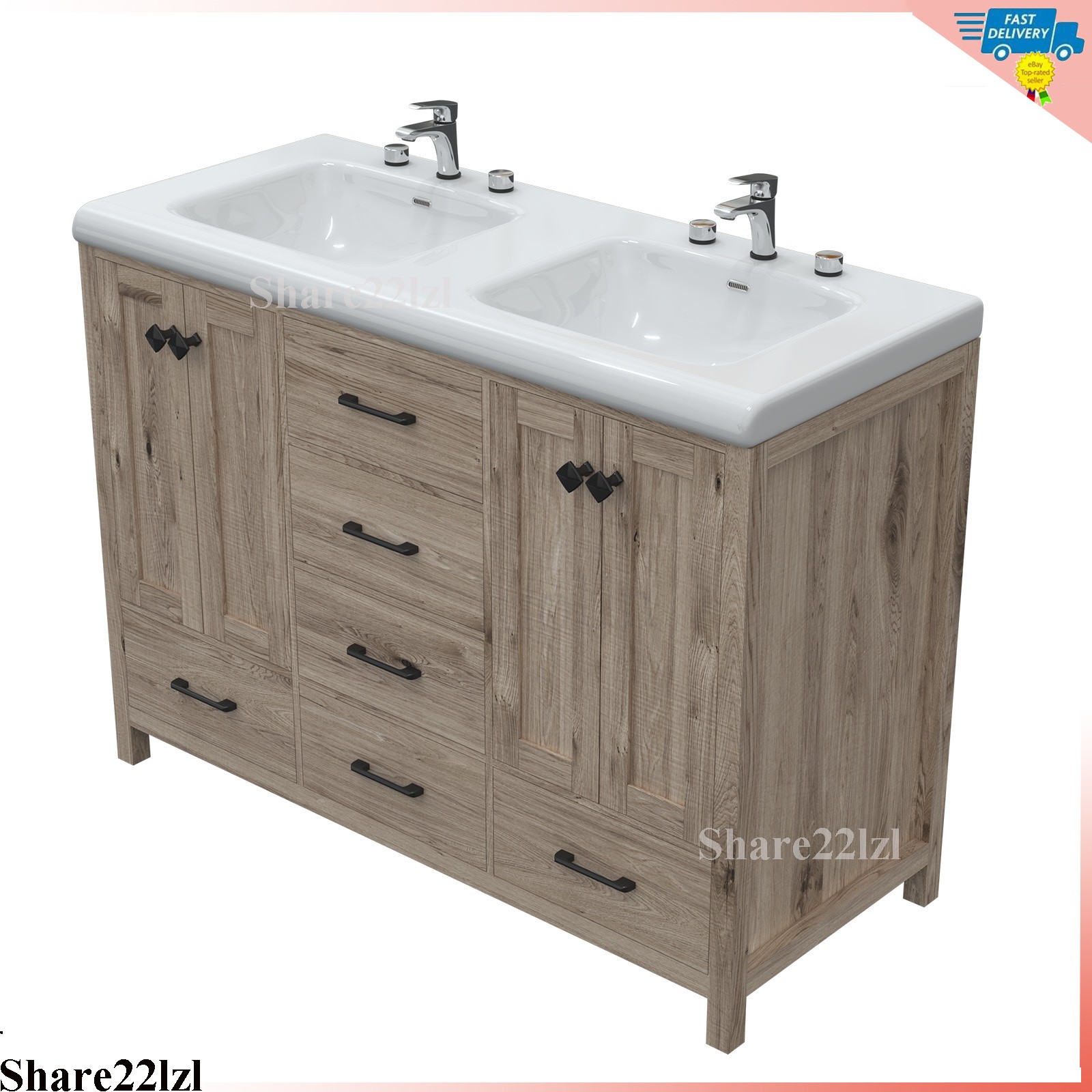 47″ Bathroom Vanity Set Double Sink Ceramic Freestanding Wood Cabinet w/ Drawers