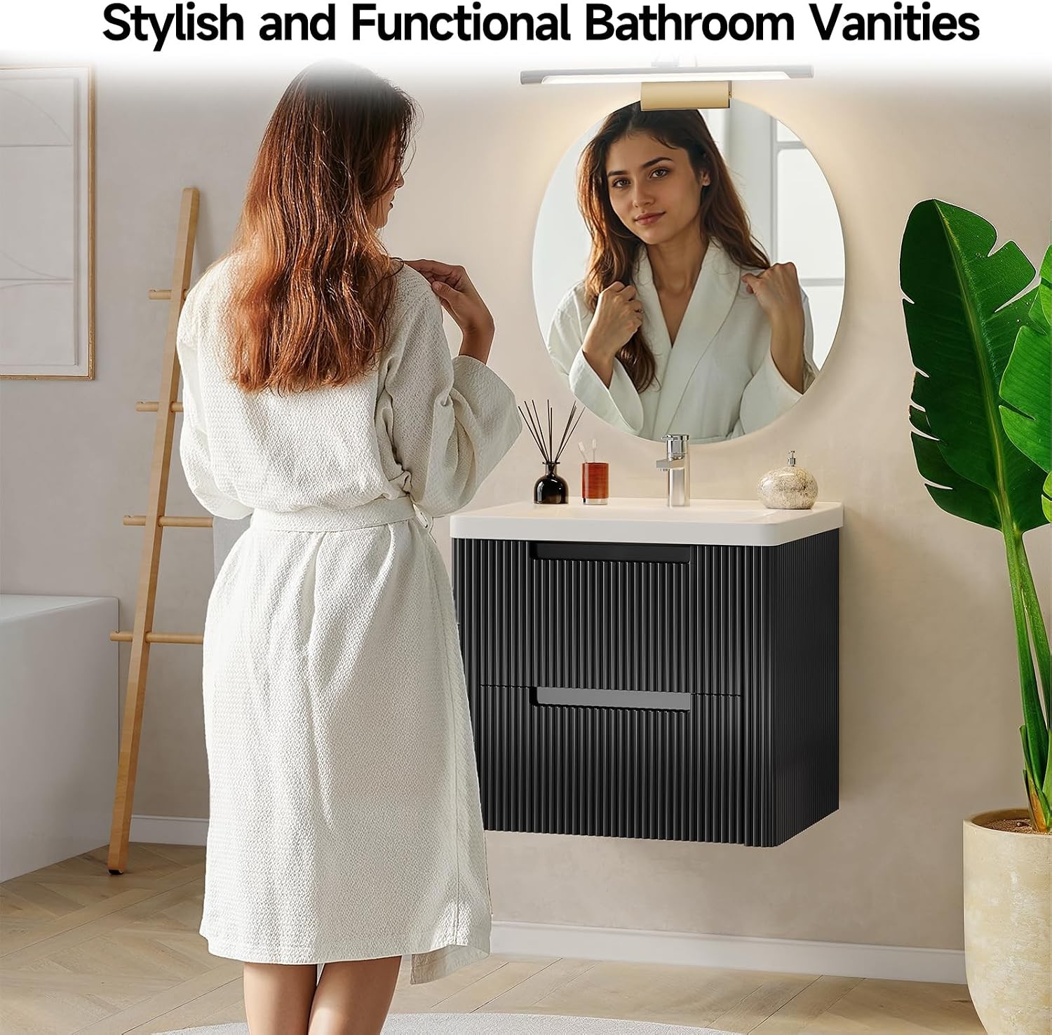 Modern Bathroom Vanity W/ Sink Combo Curved Floating Bath Vanity W/ 2 Drawers