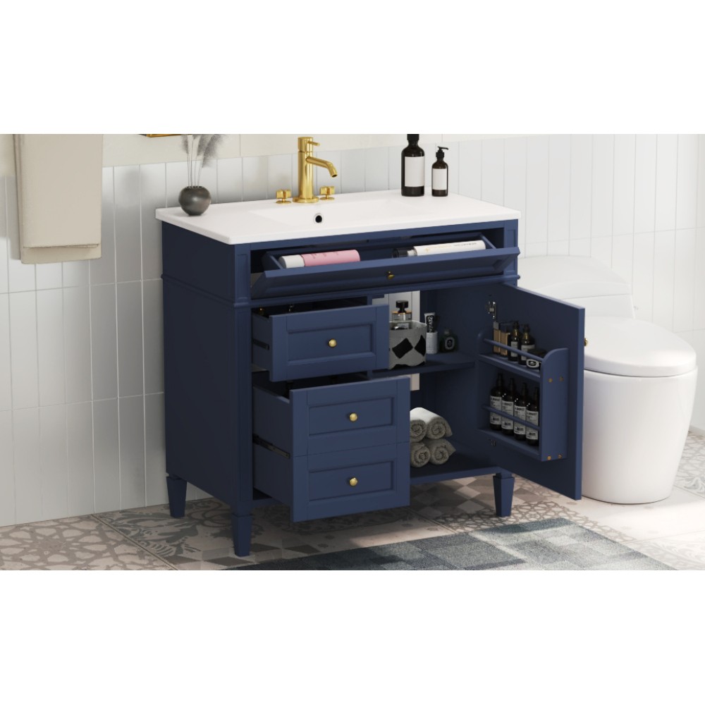 36 Inch Single Sink Bathroom Vanity Gloss Ceramic Top Storage Drawers