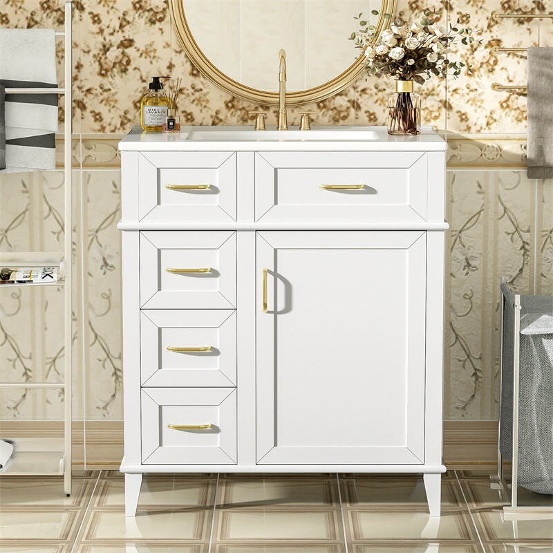 30in White Bathroom Vanity with Ceramic Freestanding Cabinet w/Door & 3 Drawers