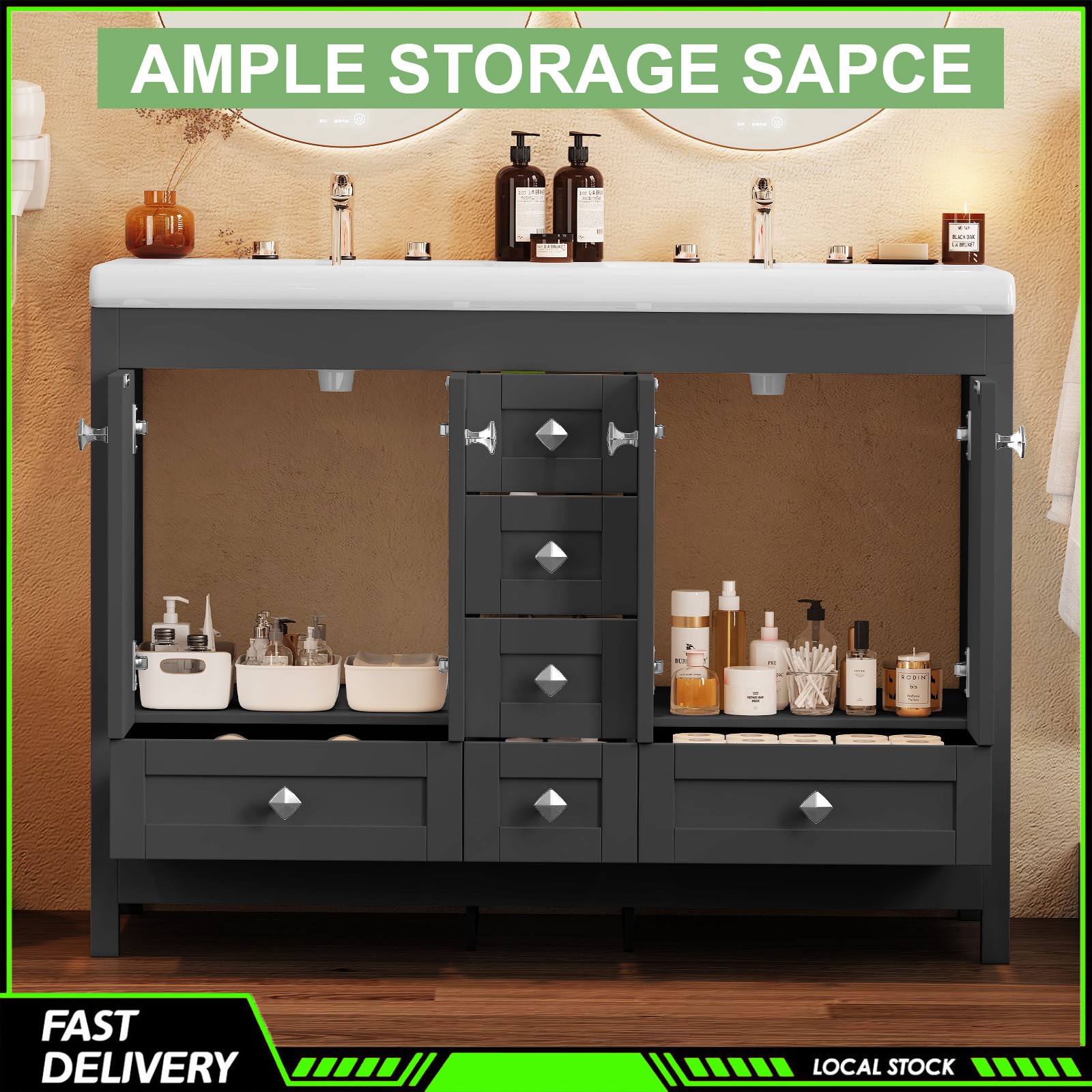 Modern 47 Inch Black Freestanding Bathroom Vanity Double Ceramic Sinks 5 Drawers
