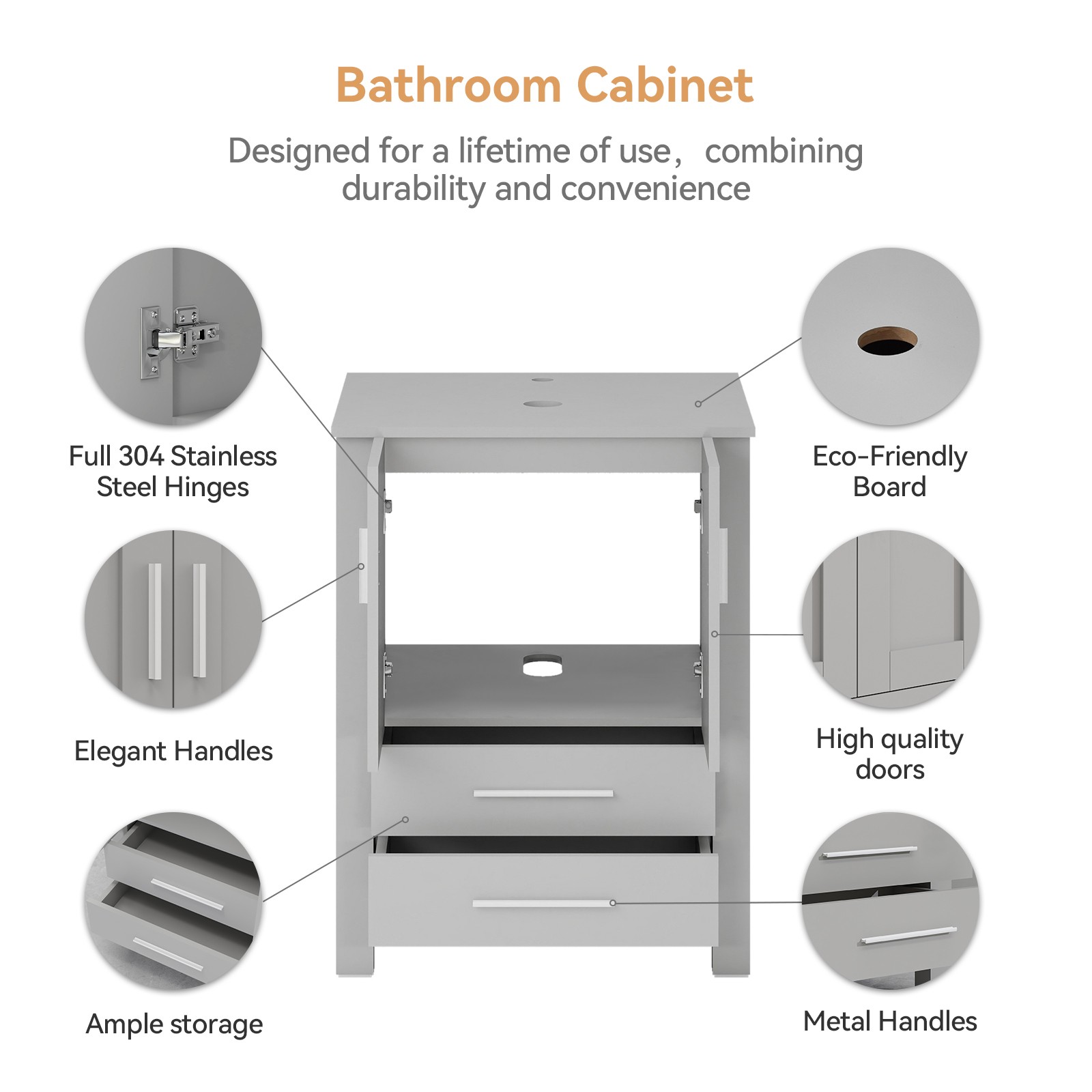 Modern 24″ Vanity Set with Black Ceramic Sink | Cabinet + Drawer Storage