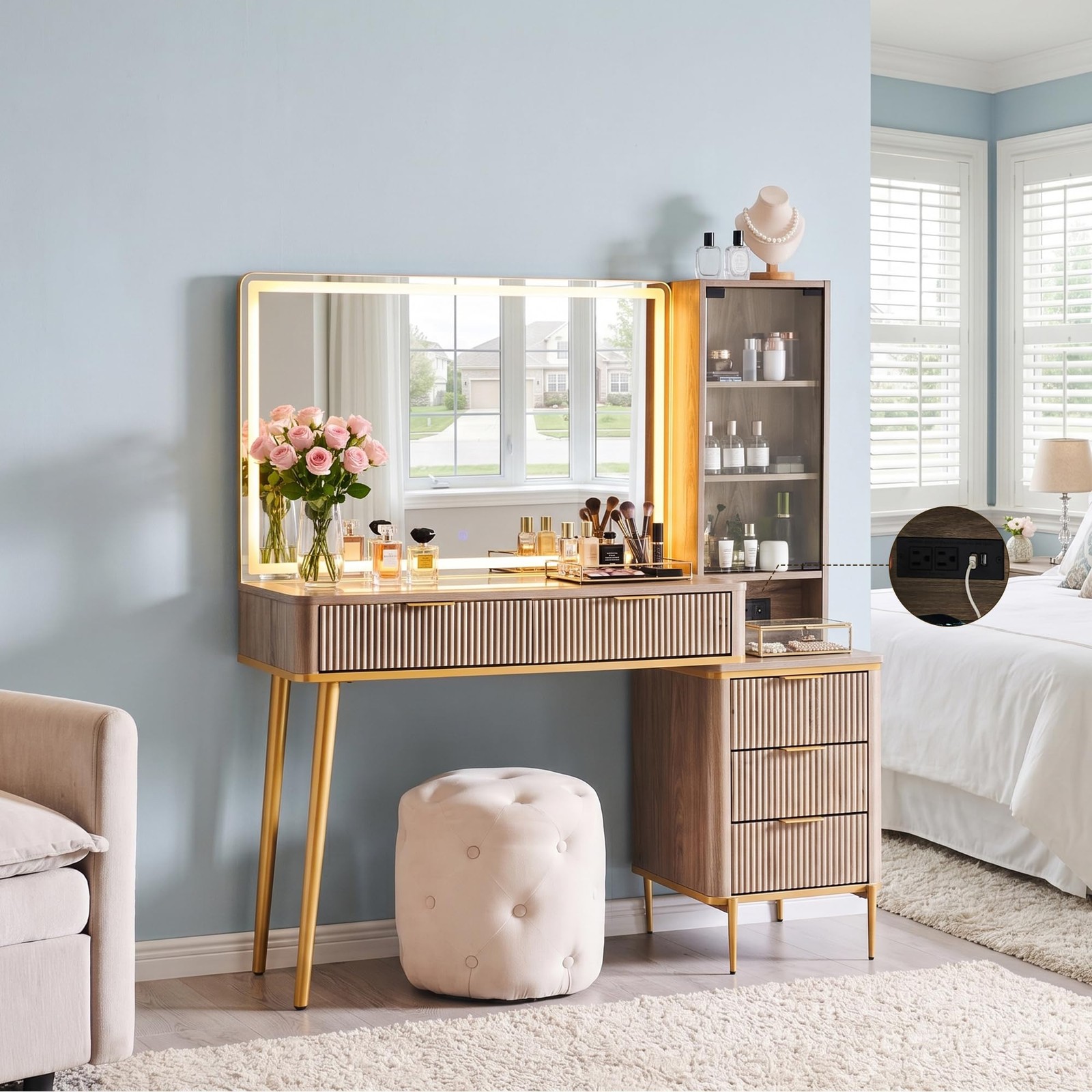 48″ Fluted Vanity Desk with 36″ Lighted Mirror 5 Drawers Charging