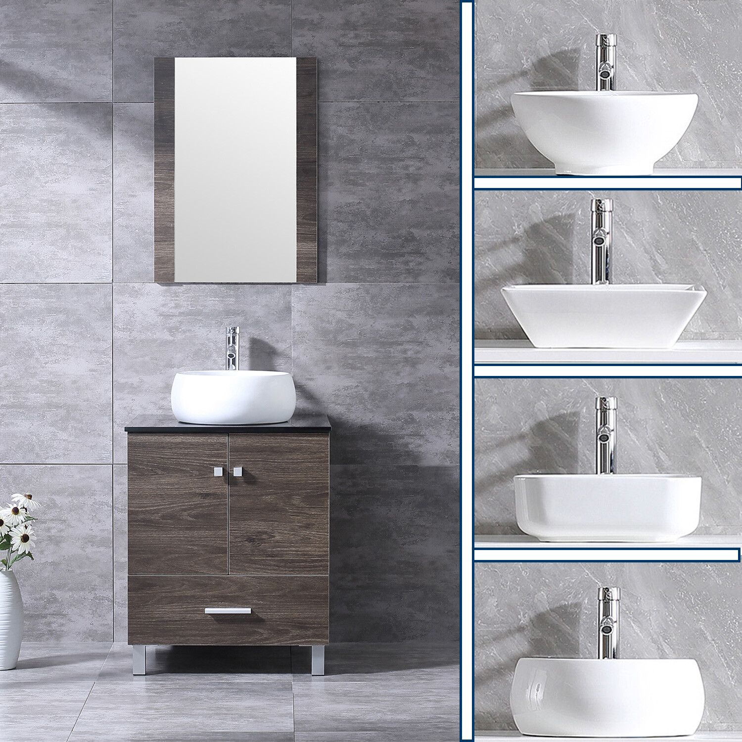 24” Bathroom Vanity Wood Cabinet Ceramic Sink Faucet Drain Mirror Counter Top
