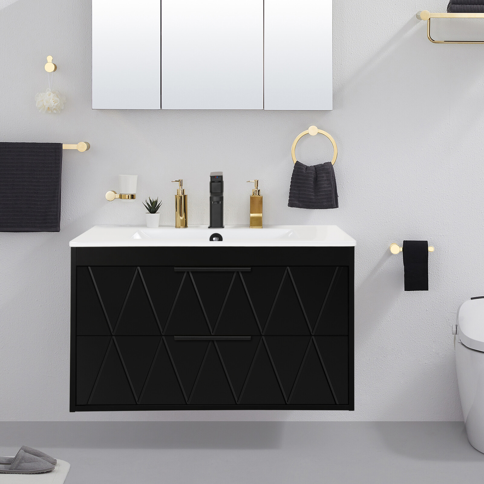 Bathroom Vanity Wall Mounted Cabinet with Ceramic Sink Combo Faucet Drain