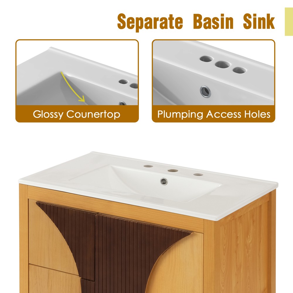 30 Inch Mid Century Freestanding Bathroom Vanity with Ceramic Sink Solid Wood
