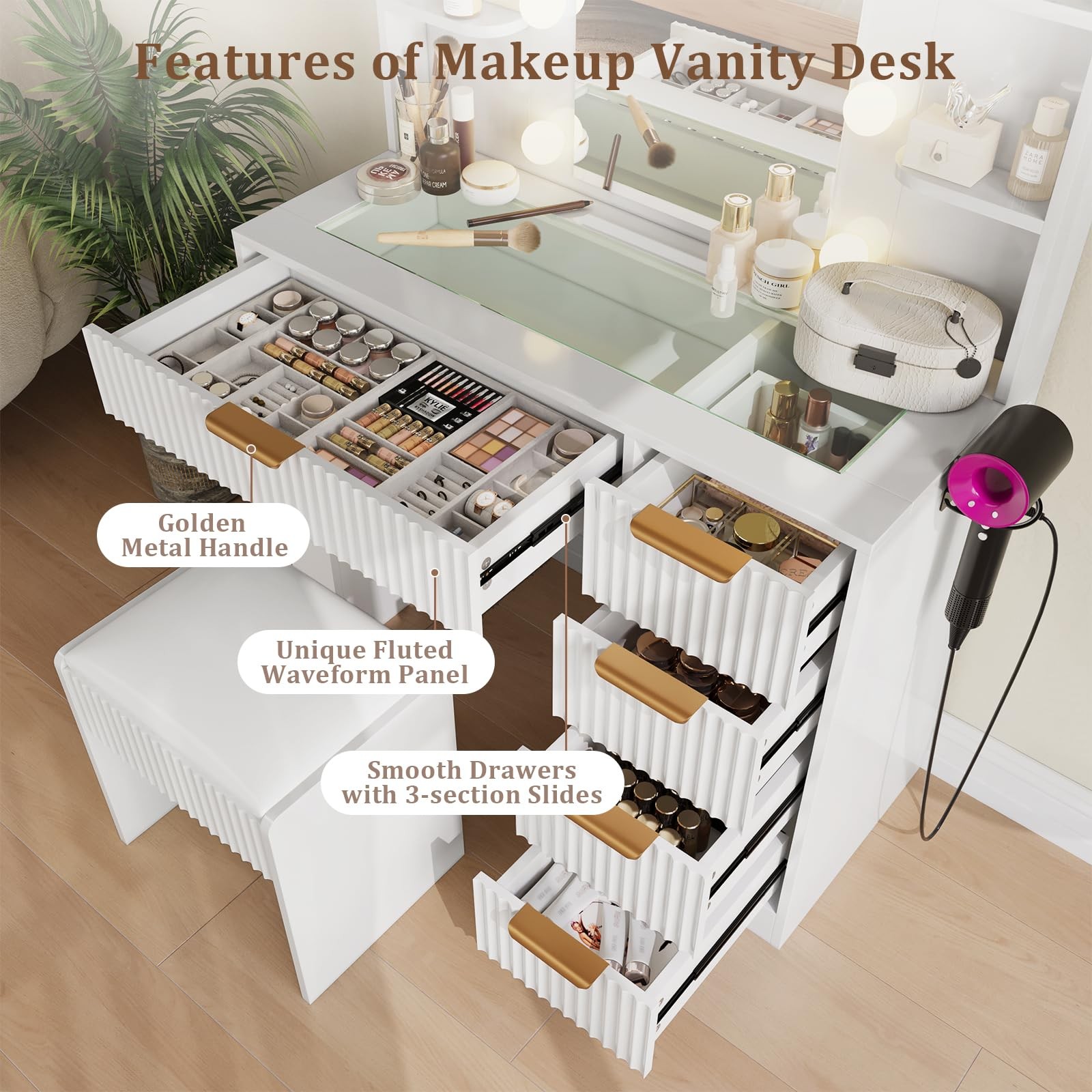 Makeup Vanity Desk Lighted Mirror 5 Drawers Charging Station