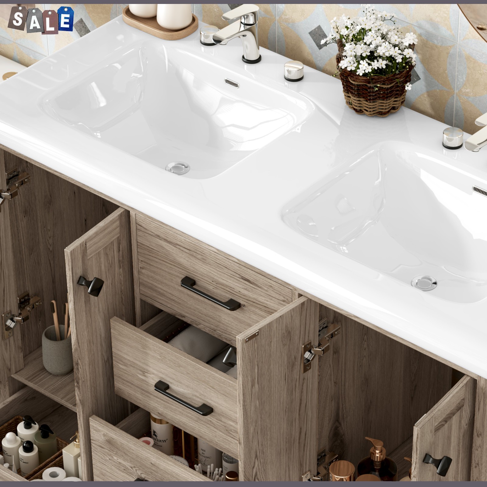 47 Inch Bathroom Vanity Double Ceramic Sinks Combo Storage Doors With Drawers