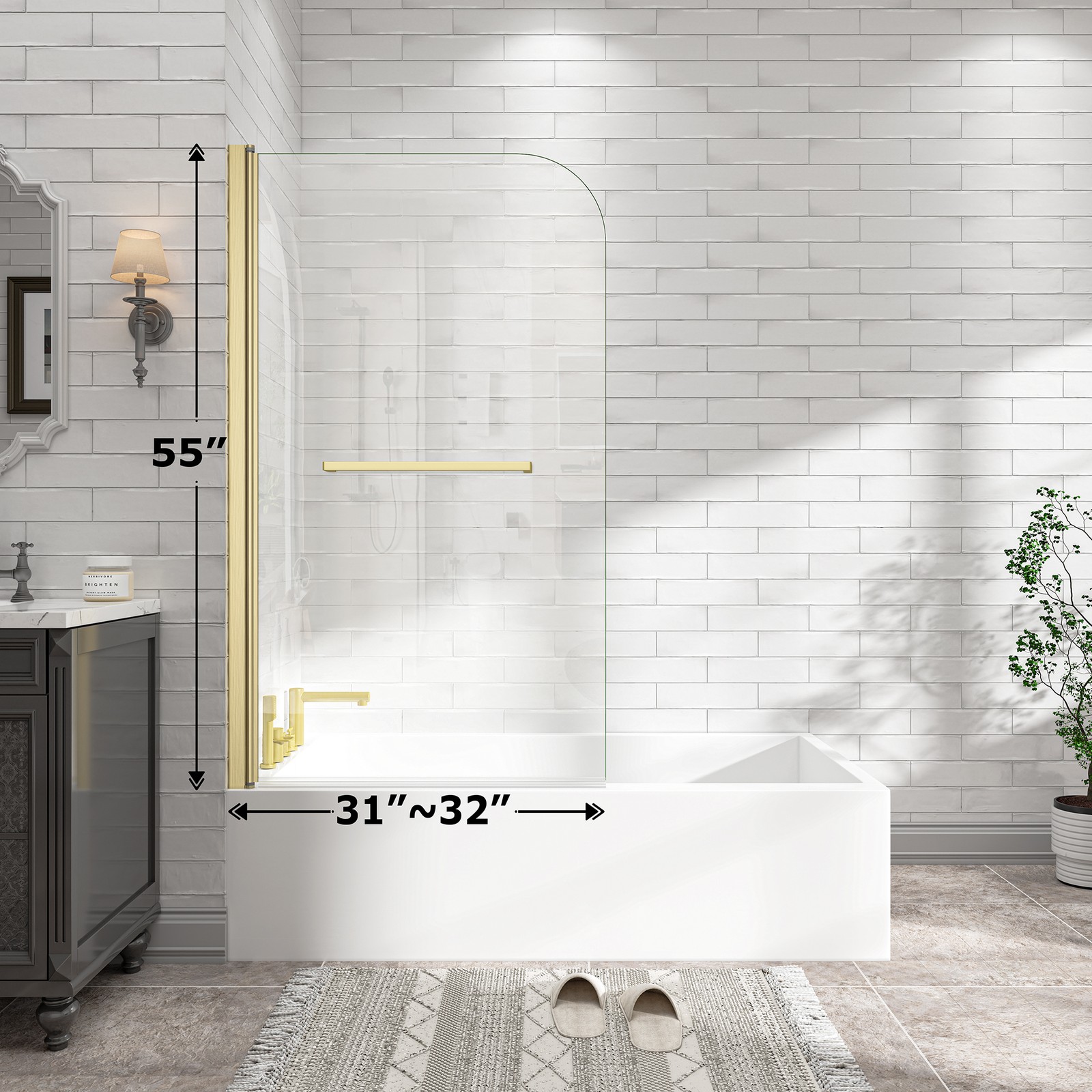 Frameless Shower Door 180 Pivot Brushed Gold Tempered Glass 31-32″ x 55″