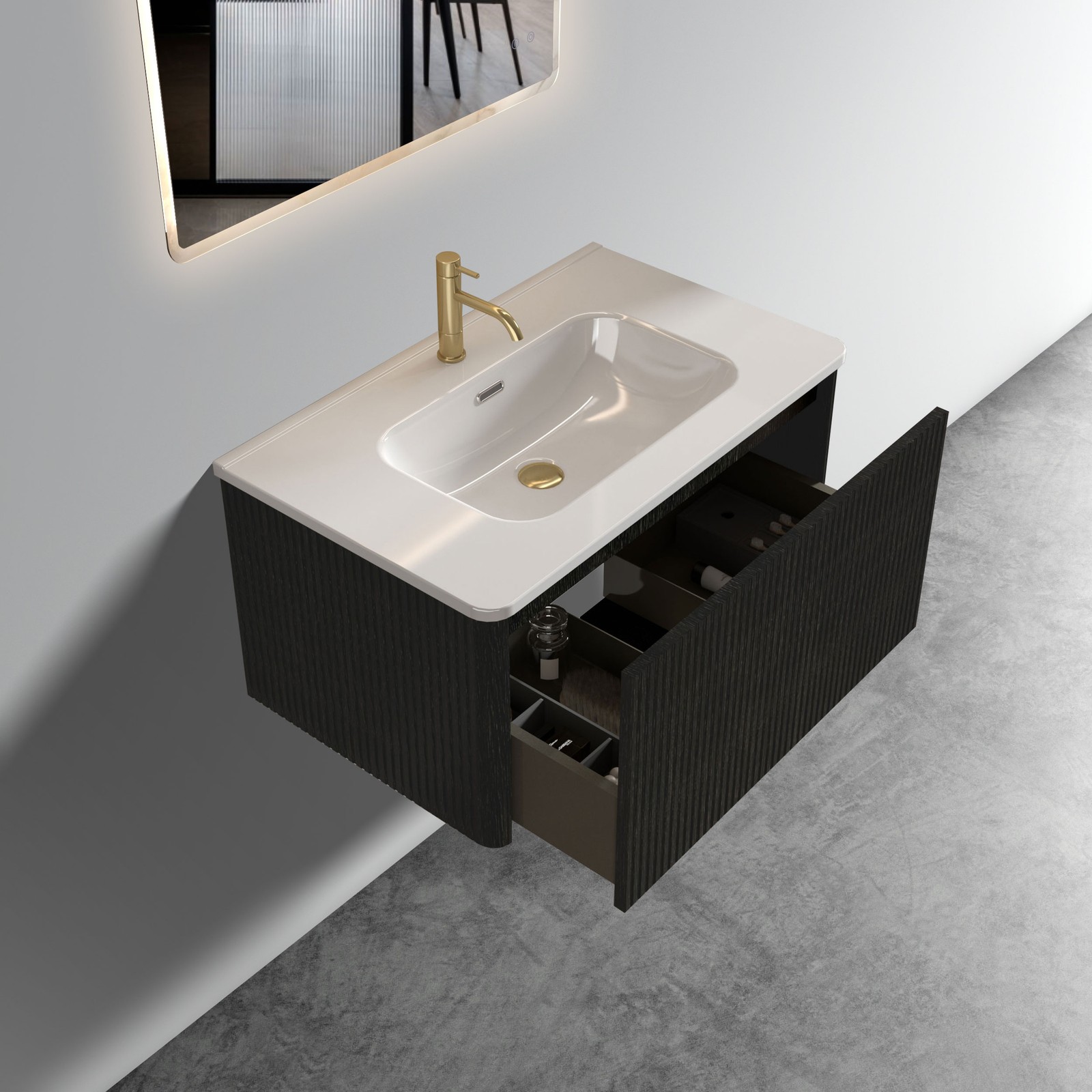 Etna 30″ Brushed Black Oak Floating Bathroom Vanity with White Ceramic Sink