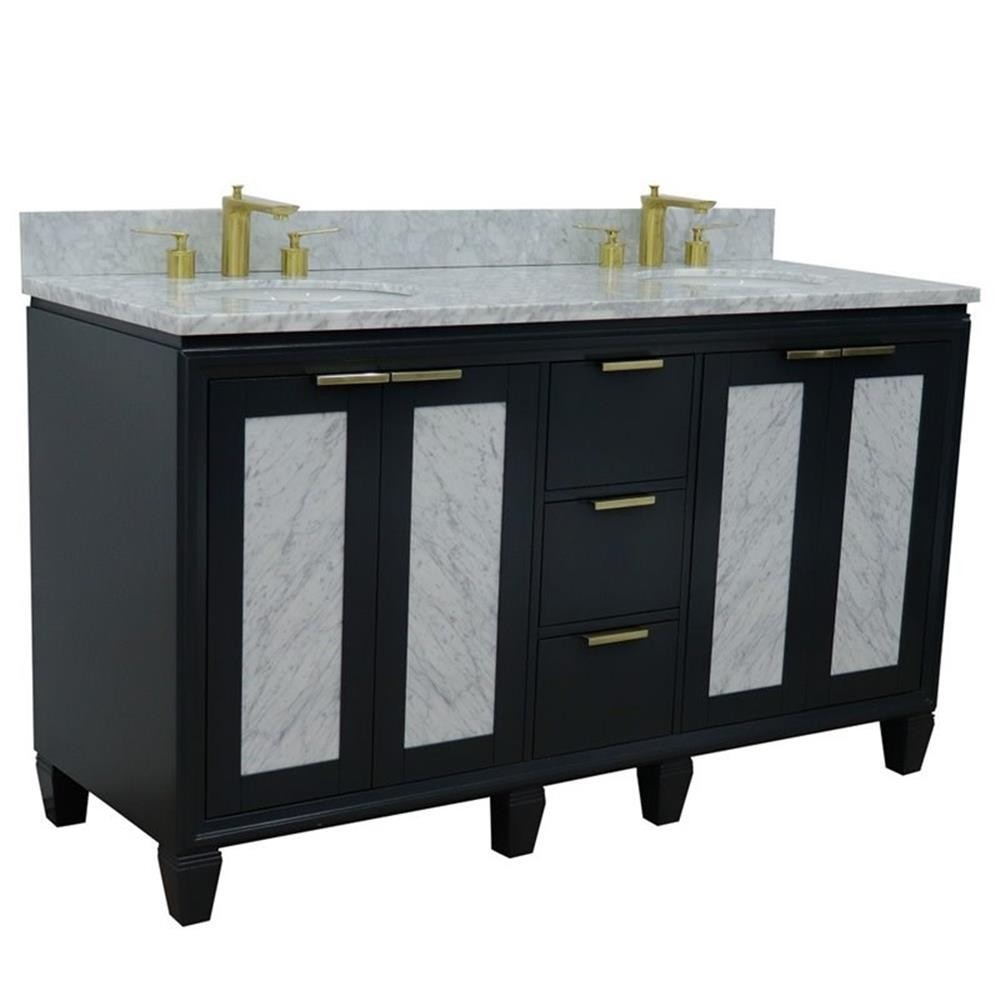 Pemberly Row 61″ Solid Wood Double Oval Sink Vanity in Dark Gray/White Carrara