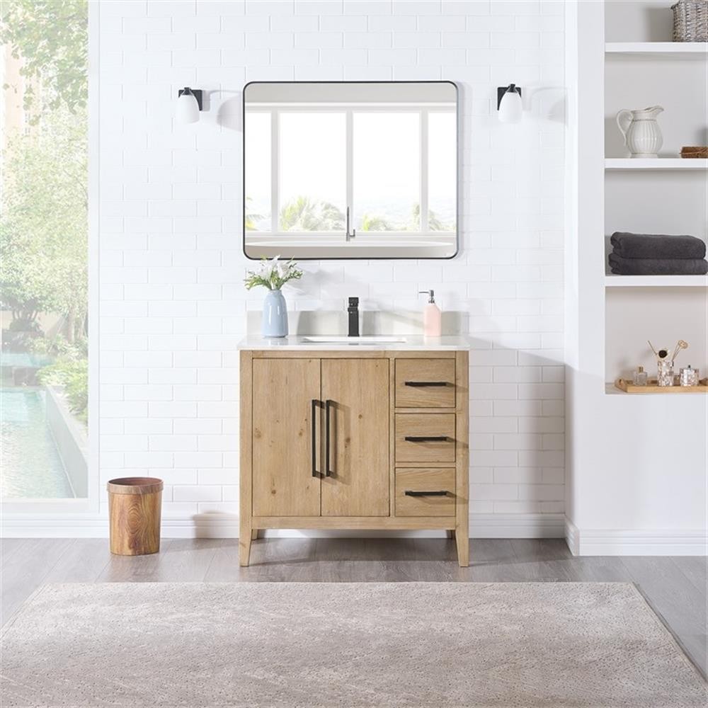 Laurel 36″ Wood Vanity in Weathered Fir Calacatta White Quartz Top with Mirror