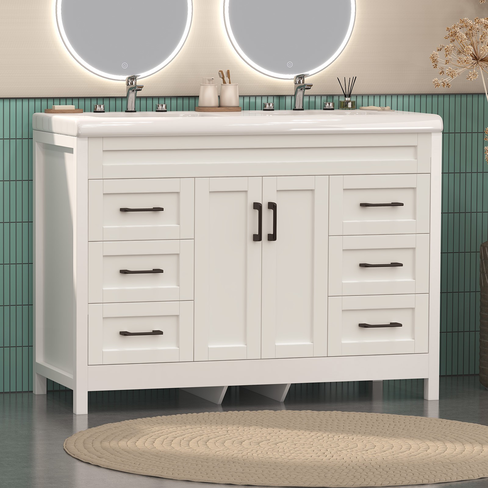 47″ Bathroom Double Sink Vanity Cabinet Ceramic Vessel Sink 6-Drawer Cabinet