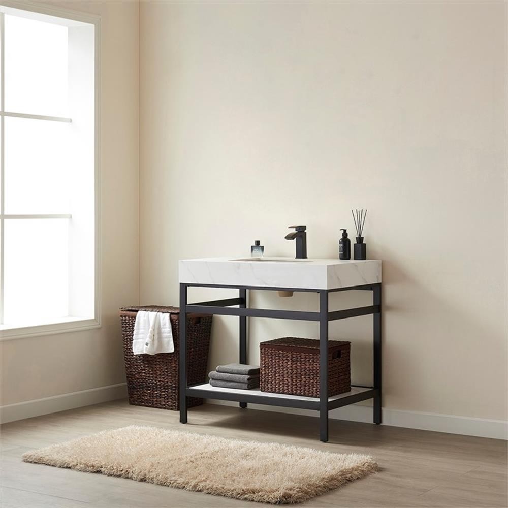 Funes 36″ Single Sink Bathroom Vanity in Matte Black Frame White Top No Mirror