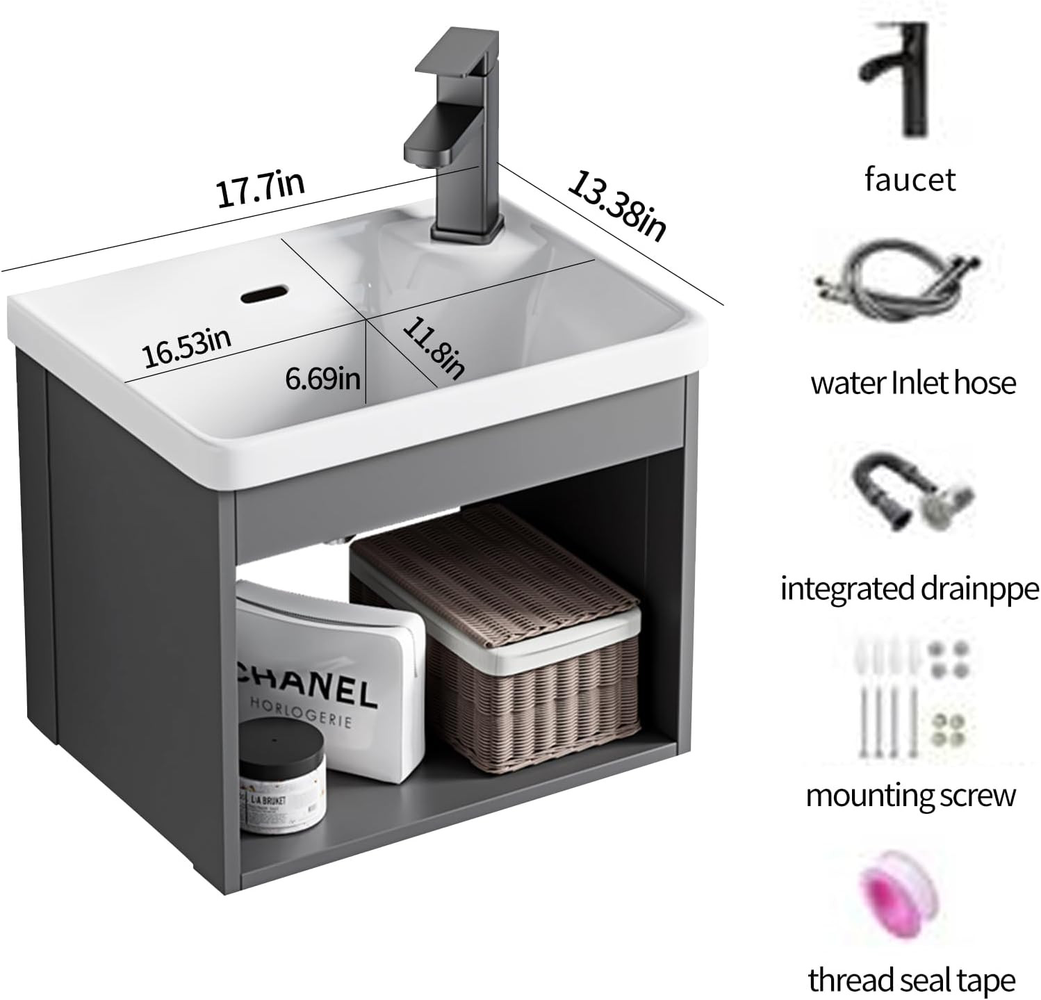 18-Inch Wall-Mounted Floating Gray Open Bathroom Vanity with Ceramic Basin Compa
