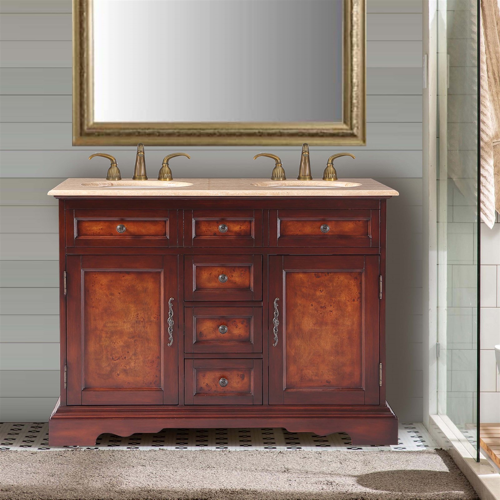 48″ Compact Double Sink Cabinet Travertine Stone Countertop Bathroom Vanity