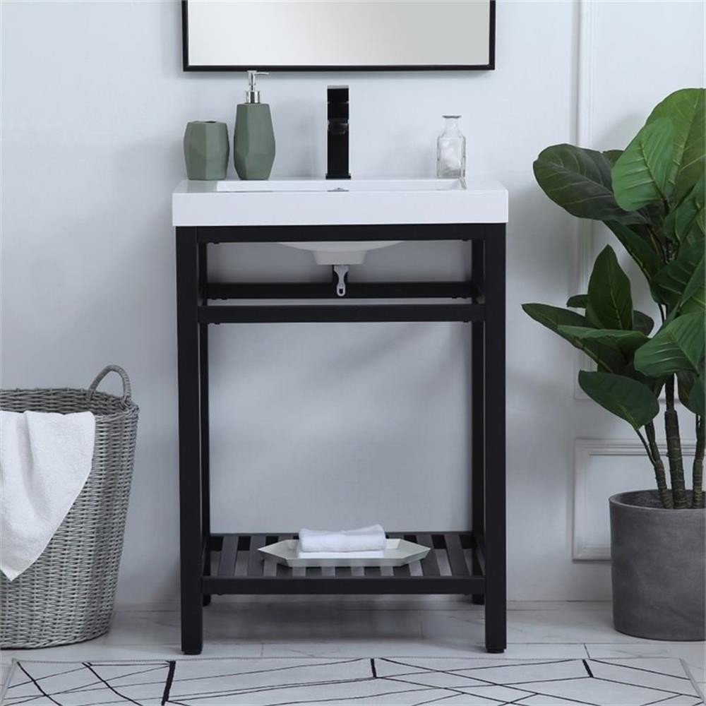 Pemberly Row 24″ Single Resin Top Metal Bathroom Vanity in Black